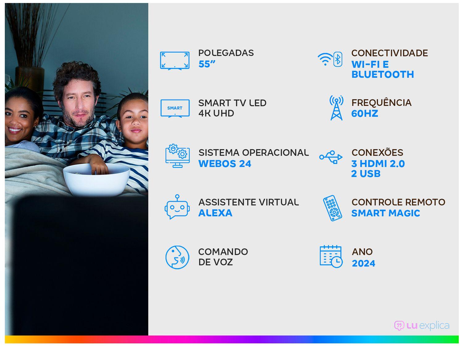 Smart TV 55" 4K QNED LG 55QNED80TSA WebOS 24 Processador a5 Ger7 Wi-Fi Bluetooth com Alexa e Chromecast 3 HDMI 2 USB