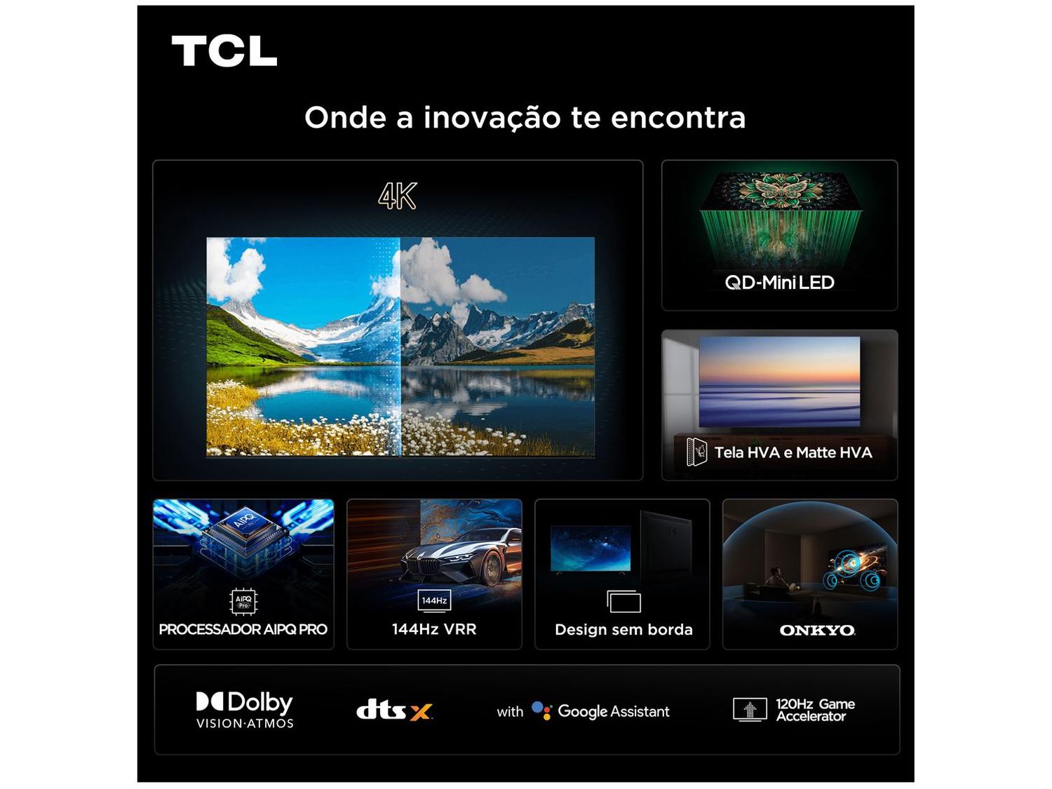 Smart TV 55" TCL 4K UHD MiniLED 55C6K 120Hz Google TV AiPQ Google Assistente 4 HDMI 2 USB
