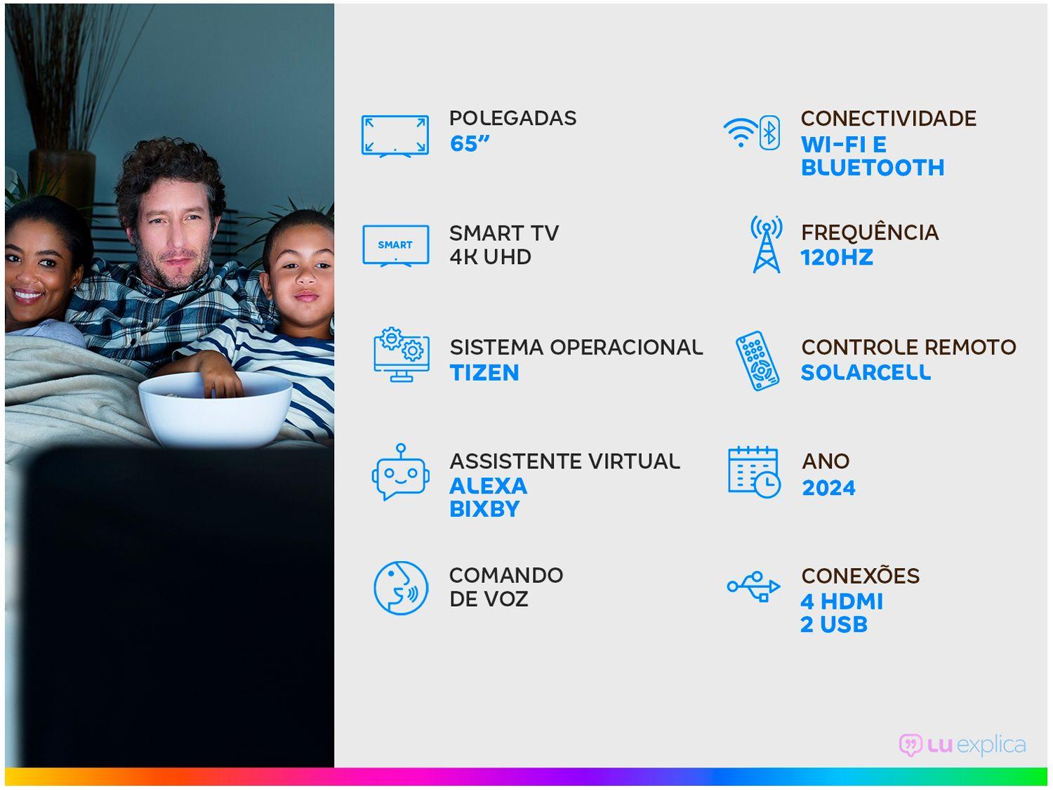Smart TV 65" Samsung 4K UHD OLED Big TV QN65S90DAEXZD 120Hz Tizen com Alexa e Bixby 4 HDMI 2 USB-A