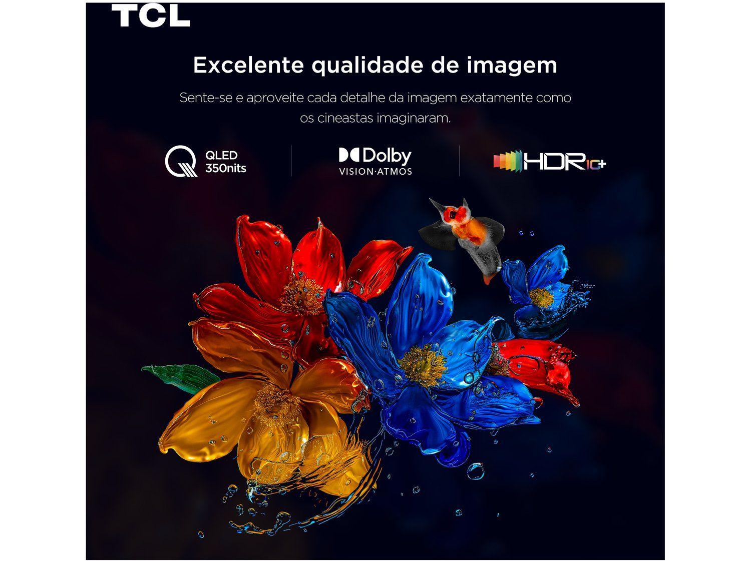 Interface do sistema operacional Google TV com ícones de Dolby Vision, QLED e Google Assistant