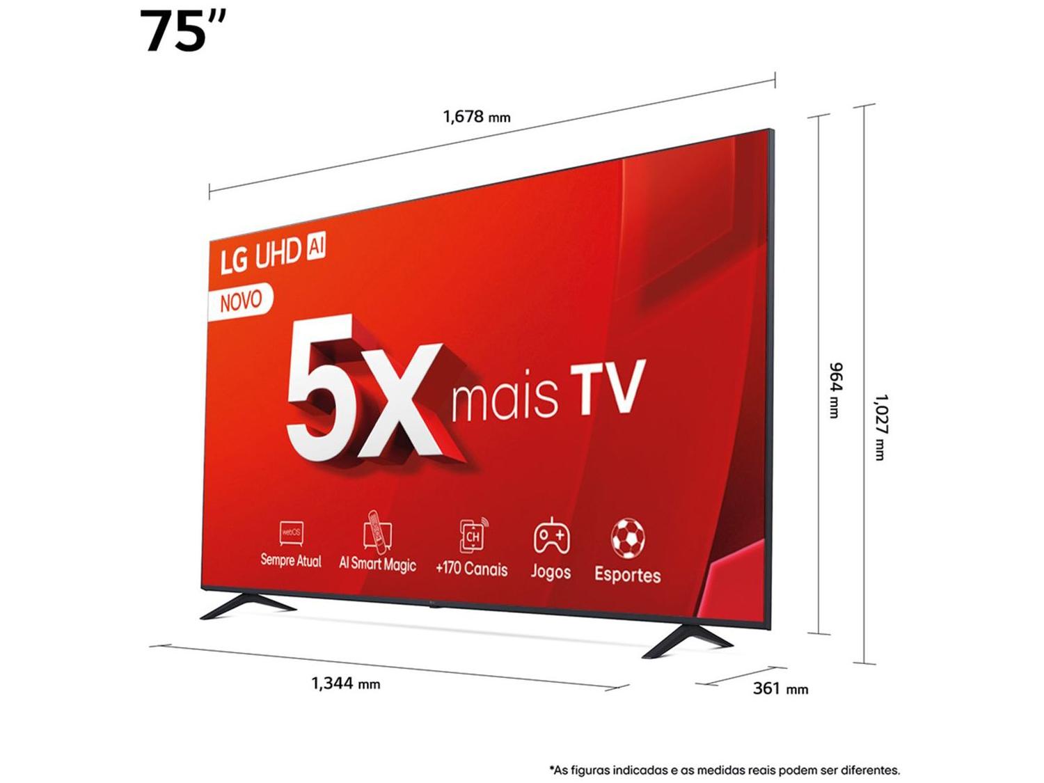 Smart TV 75" 4K LG Ultra HD 75UT8050 com Processador a5 Ger7 AI Alexa/Chromecast integrado Otimizador de Jogos webOS 24 e Controle Smart Magic