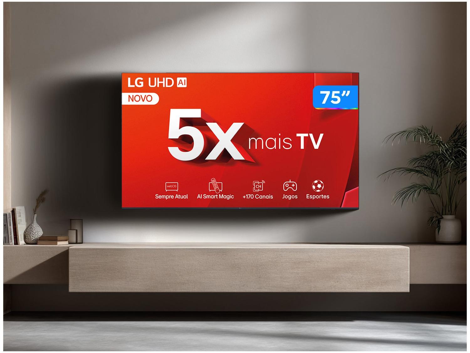 Smart TV 75" 4K LG Ultra HD 75UT8050 com Processador a5 Ger7 AI Alexa/Chromecast integrado Otimizador de Jogos webOS 24 e Controle Smart Magic