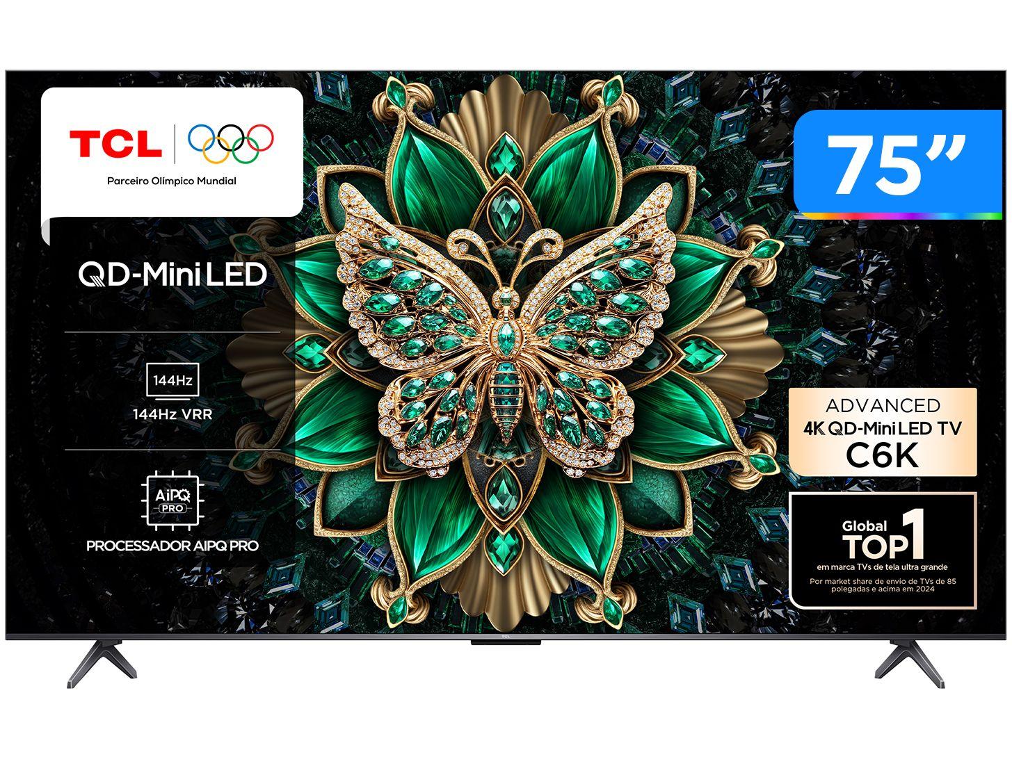 Smart TV 75" TCL 4K UHD MiniLED 75C6K 120Hz Google TV AiPQ Google Assistente 4 HDMI 2 USB