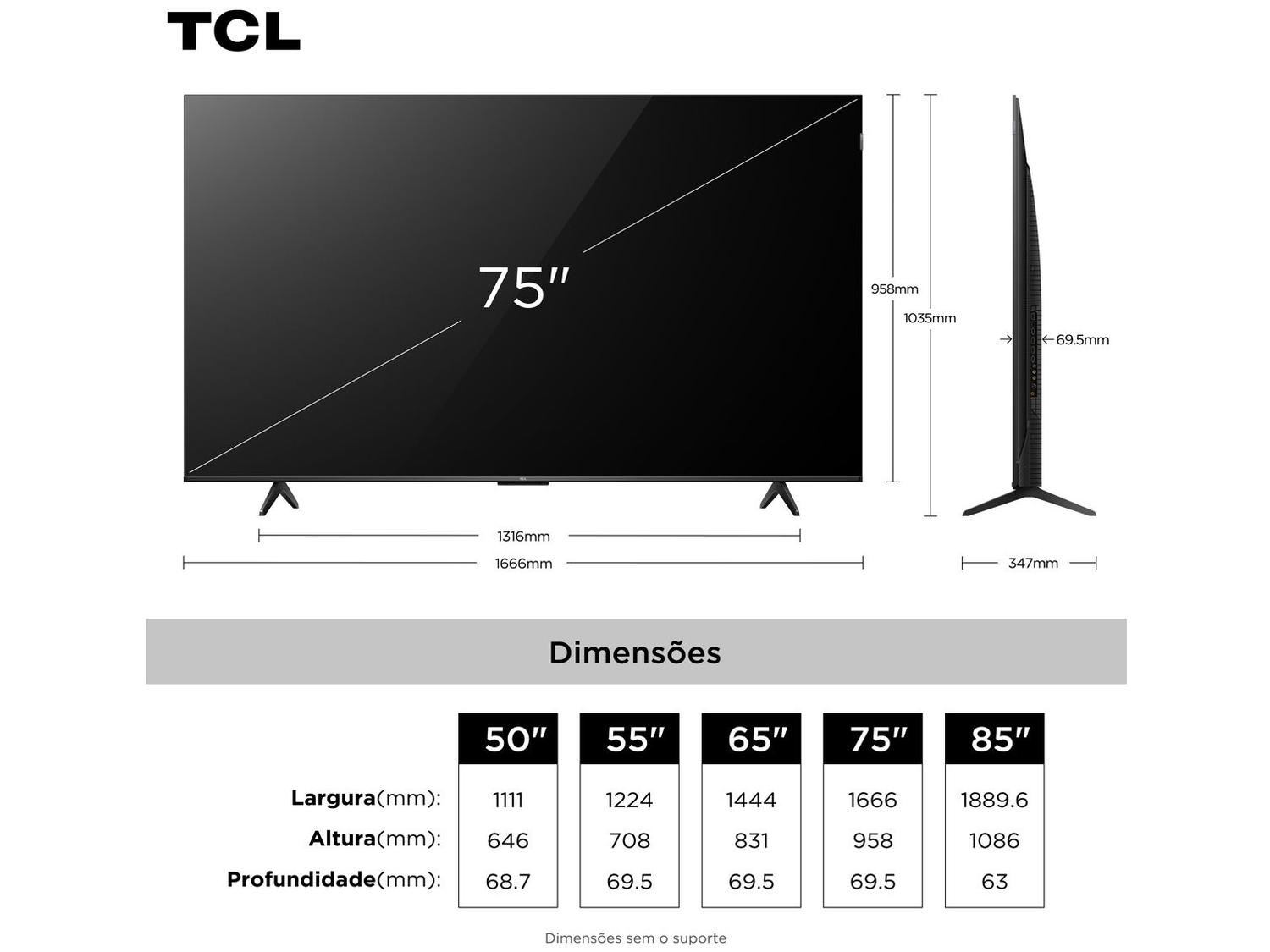 Smart TV 75" TCL 4K UHD QLED 75P7K Google TV AiPQ Google Assistente 3 HDMI 1 USB