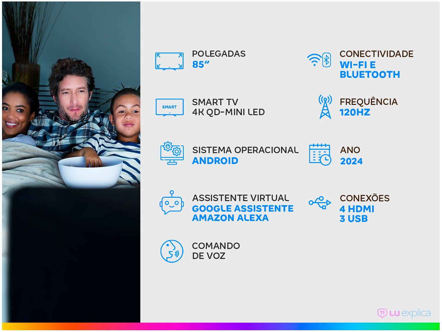 Smart TV 85" TCL 4K QD-Mini LED Ultra Premium C855 120Hz Android AiPQ Pro Google Assistente 4 HDMI