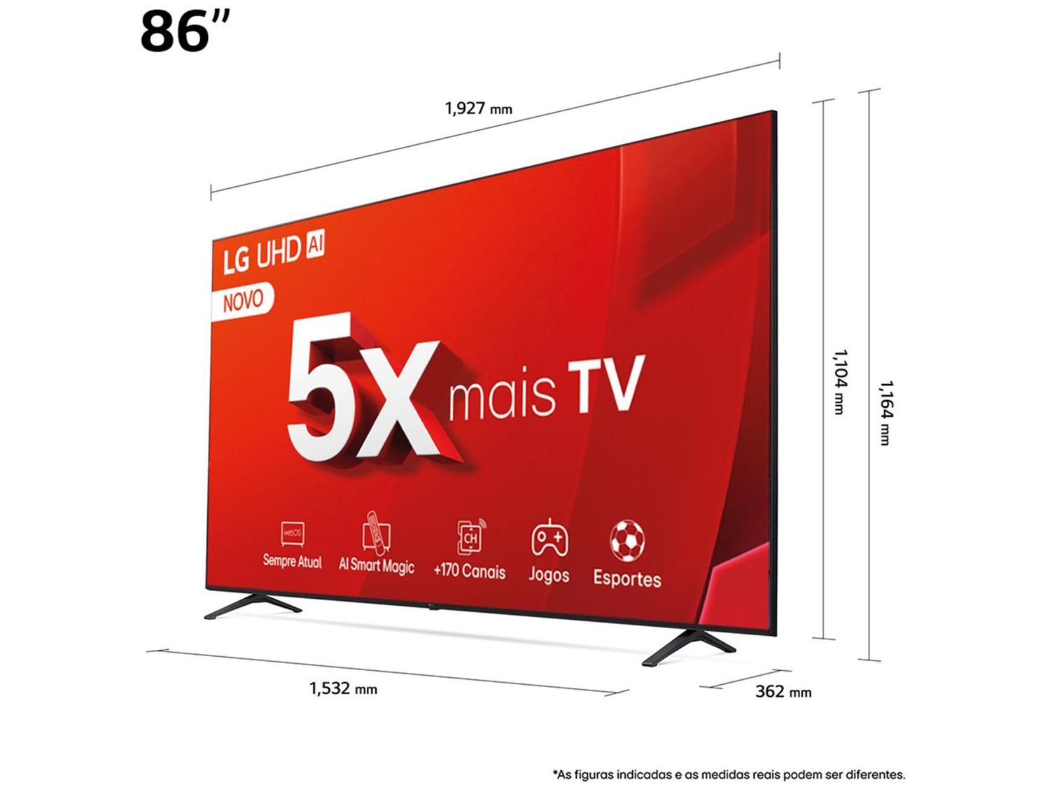 Smart TV 86" 4K LG Ultra HD 86UT8050 com Processador a5 Ger7 AI, Alexa/Chromecast integrado, Otimizador de Jogos, webOS 24 e Controle Smart Magic