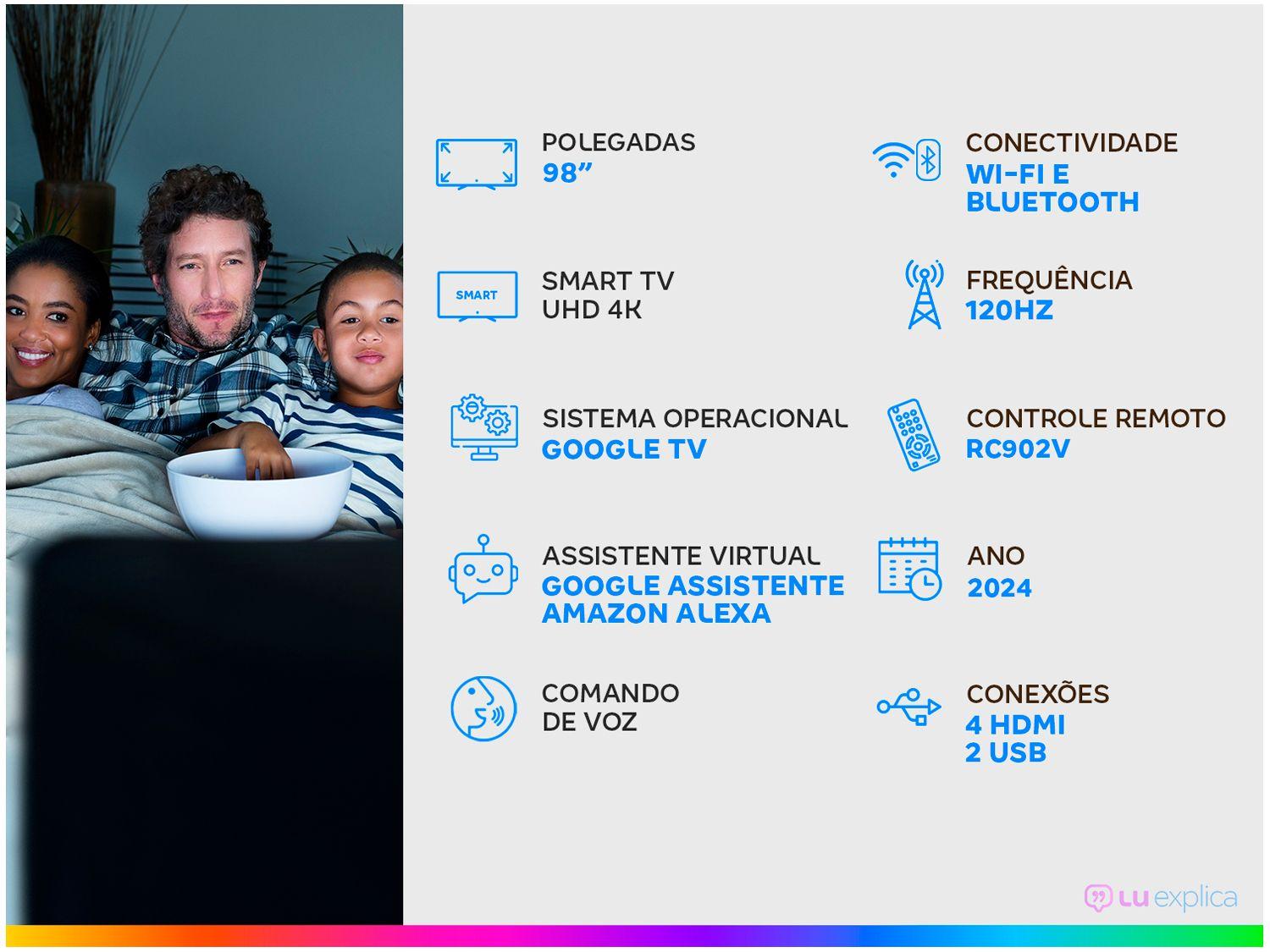 Smart TV 98" TCL UHD 4K QLED Advanced C655 98C655 120Hz Google TV Google Assistente 4 HDMI 2 USB