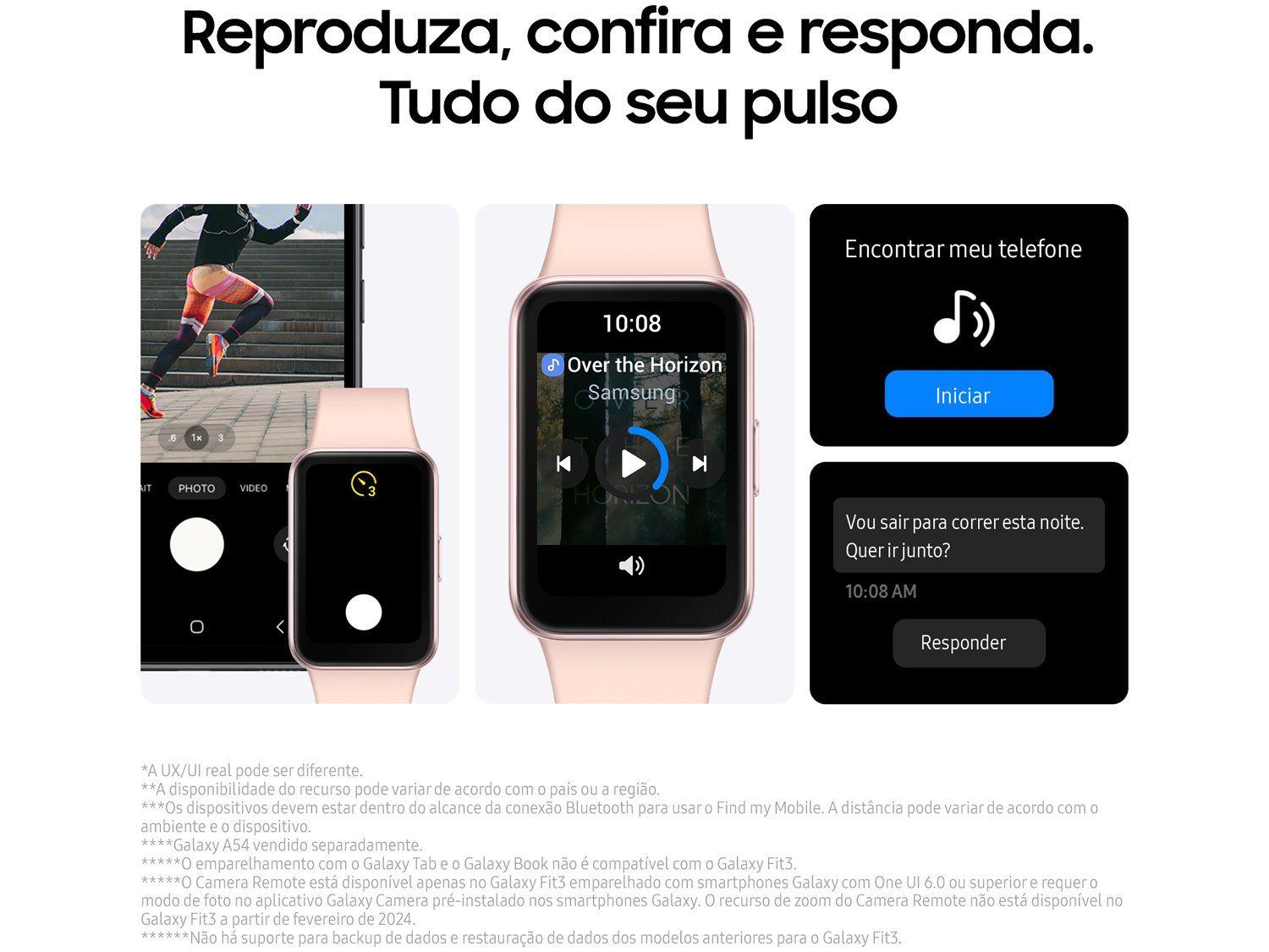 Relógio inteligente Samsung Galaxy Fit3 com pulseira rosa e funcionalidades de reprodução, confirmação e resposta