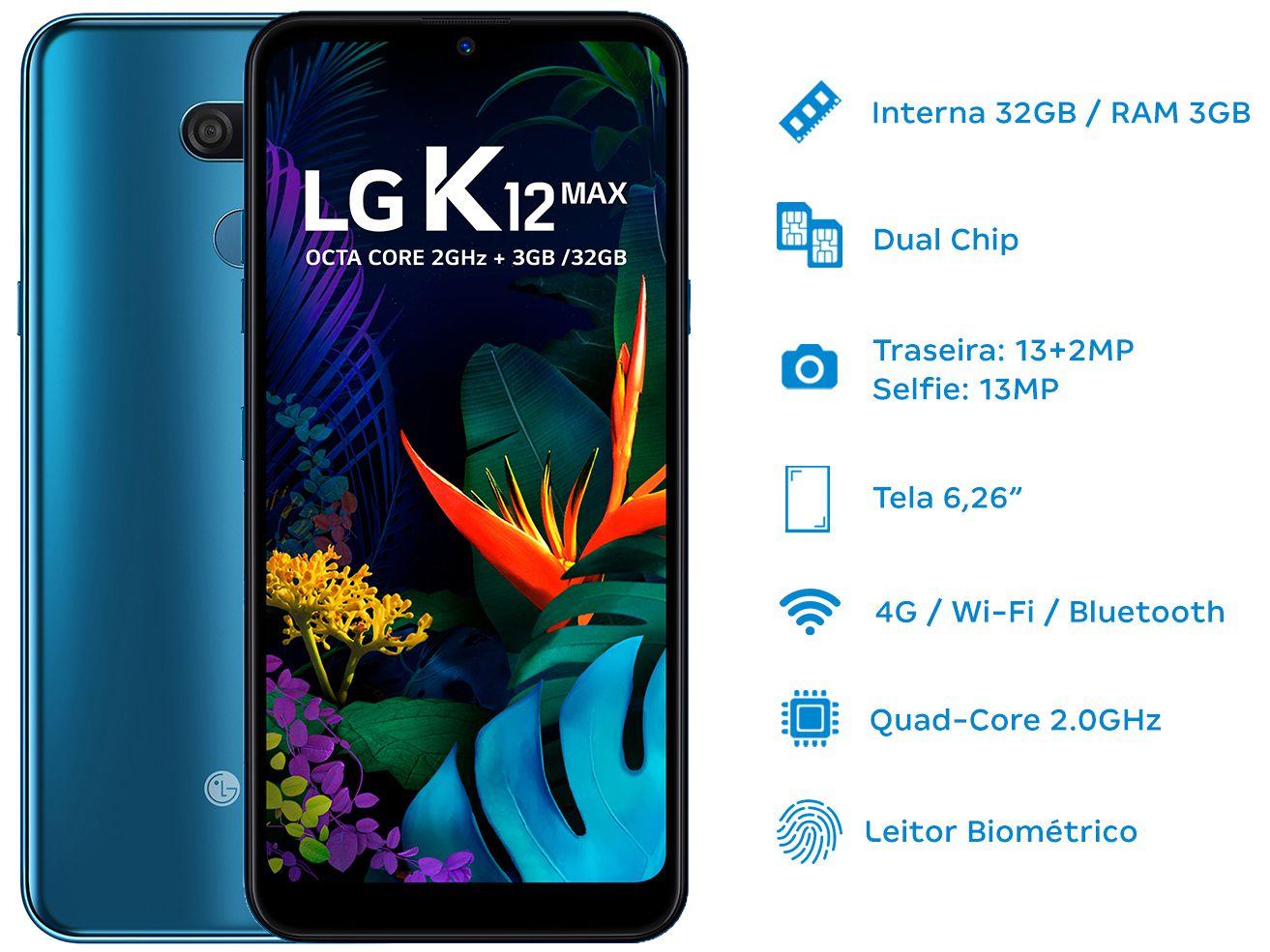 Smartphone LG K12 Max 32GB Azul 4G Octa Core - 3GB RAM Tela 6,26” Câm.  Dupla + Câm. Selfie 13MP - LG K12 - Magazine Luiza