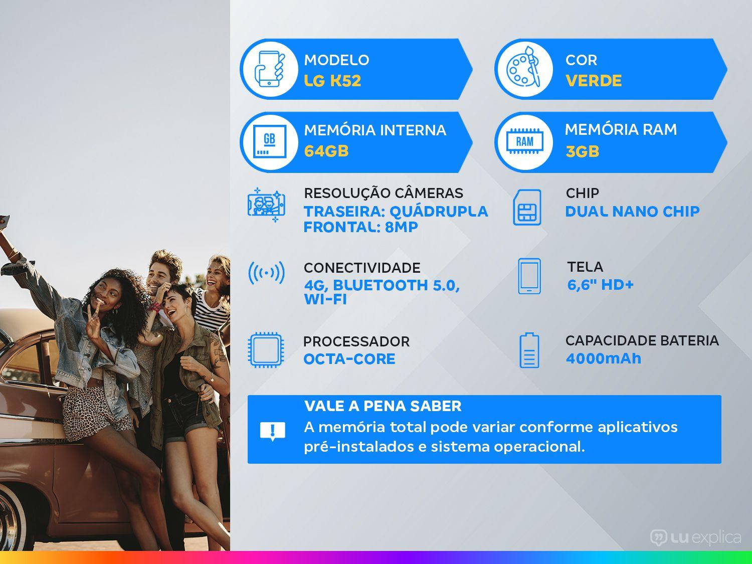 Smartphone LG K52 64GB Verde 4G Octa-Core 3GB RAM Tela 6,6” Câm. Quádrupla + Selfie 8MP Dual Chip