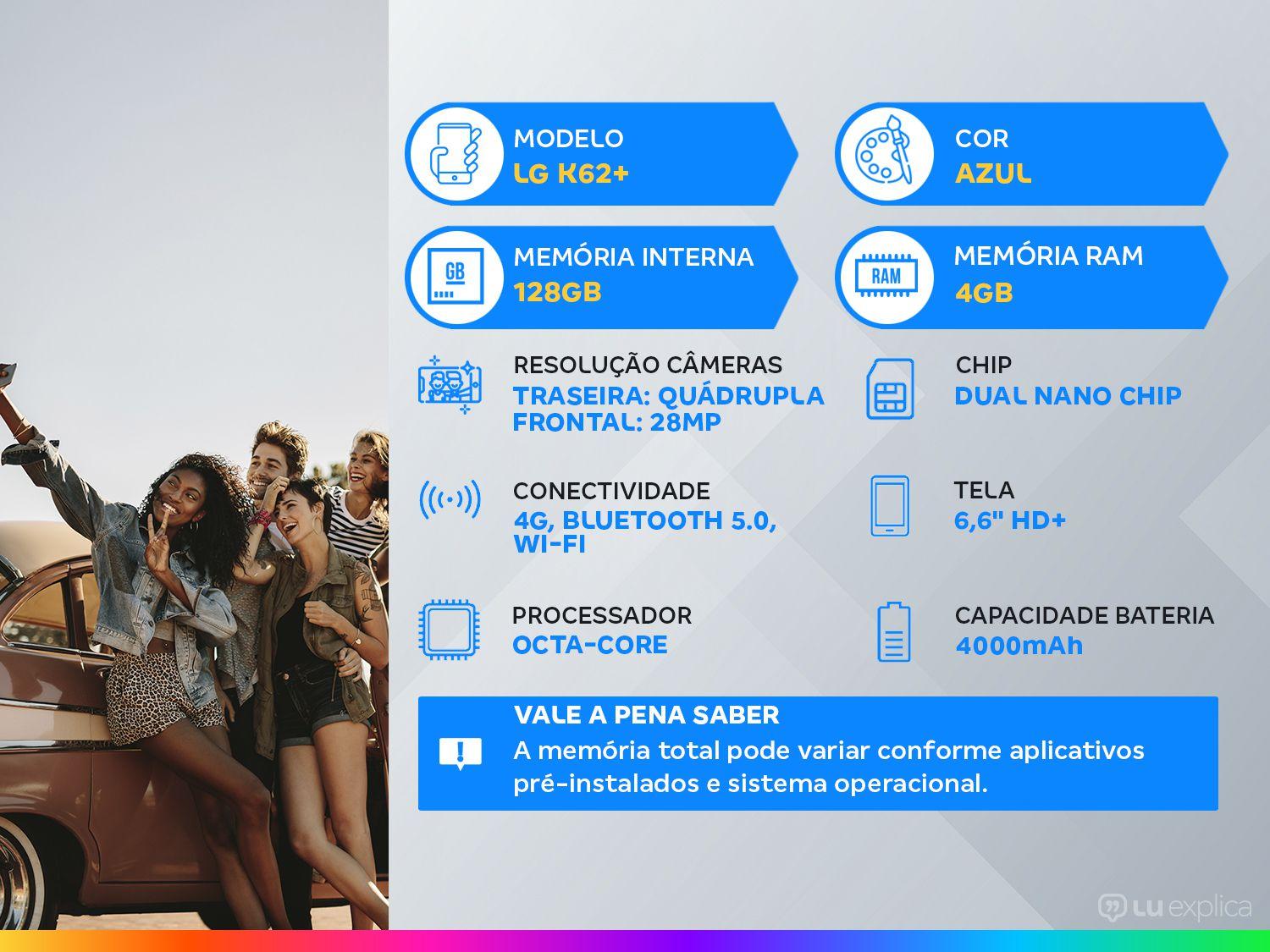 Smartphone LG K62+ 128GB Branco 4G Octa-Core - 4GB RAM Tela 6,59” Câm. Quádrupla + Selfie 28MP