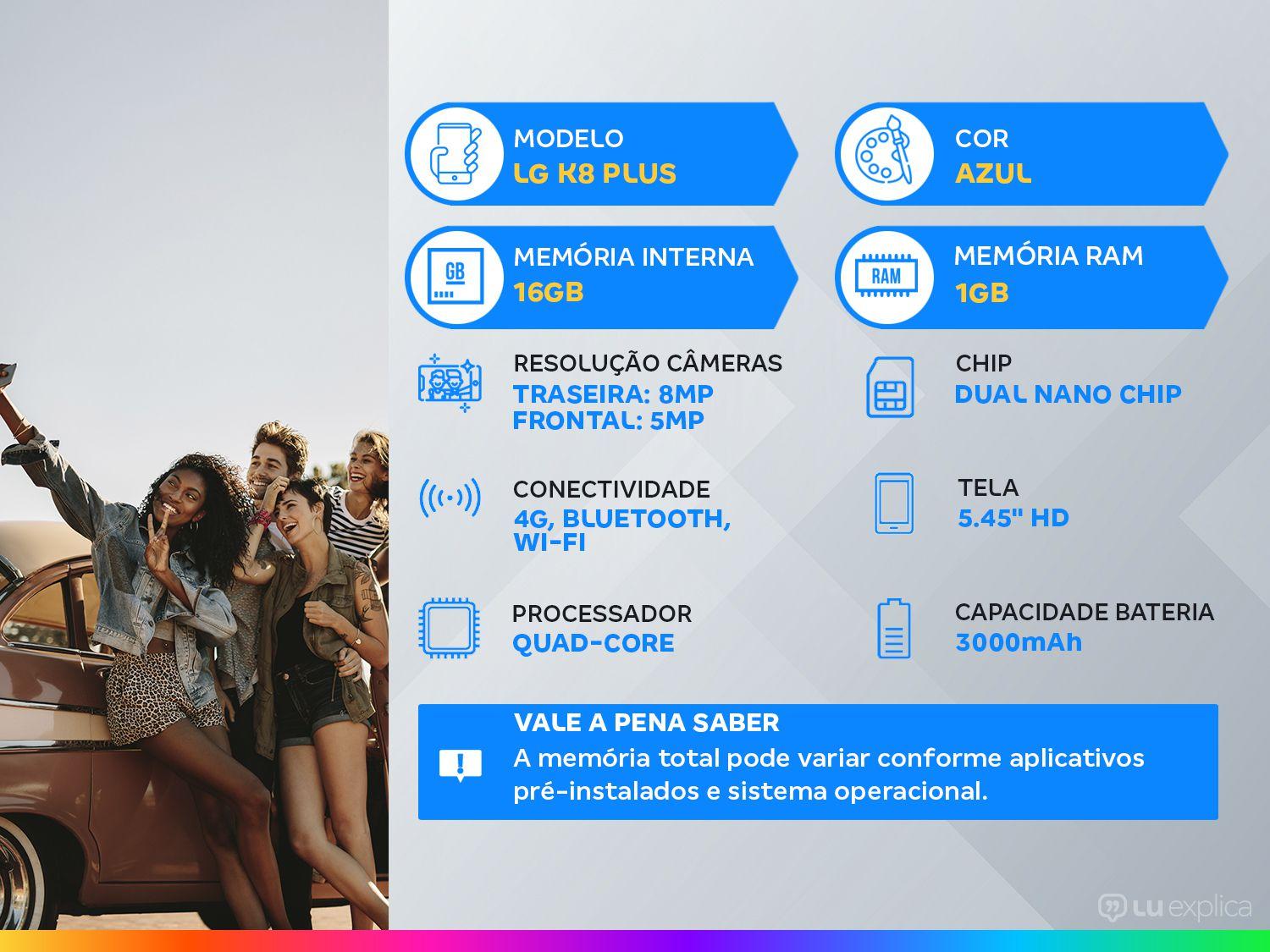 Smartphone LG K8 Plus 16GB Azul 4G Quad-Core 1GB RAM 5,45” Câm. 8MP + Câm. Selfie 5MP