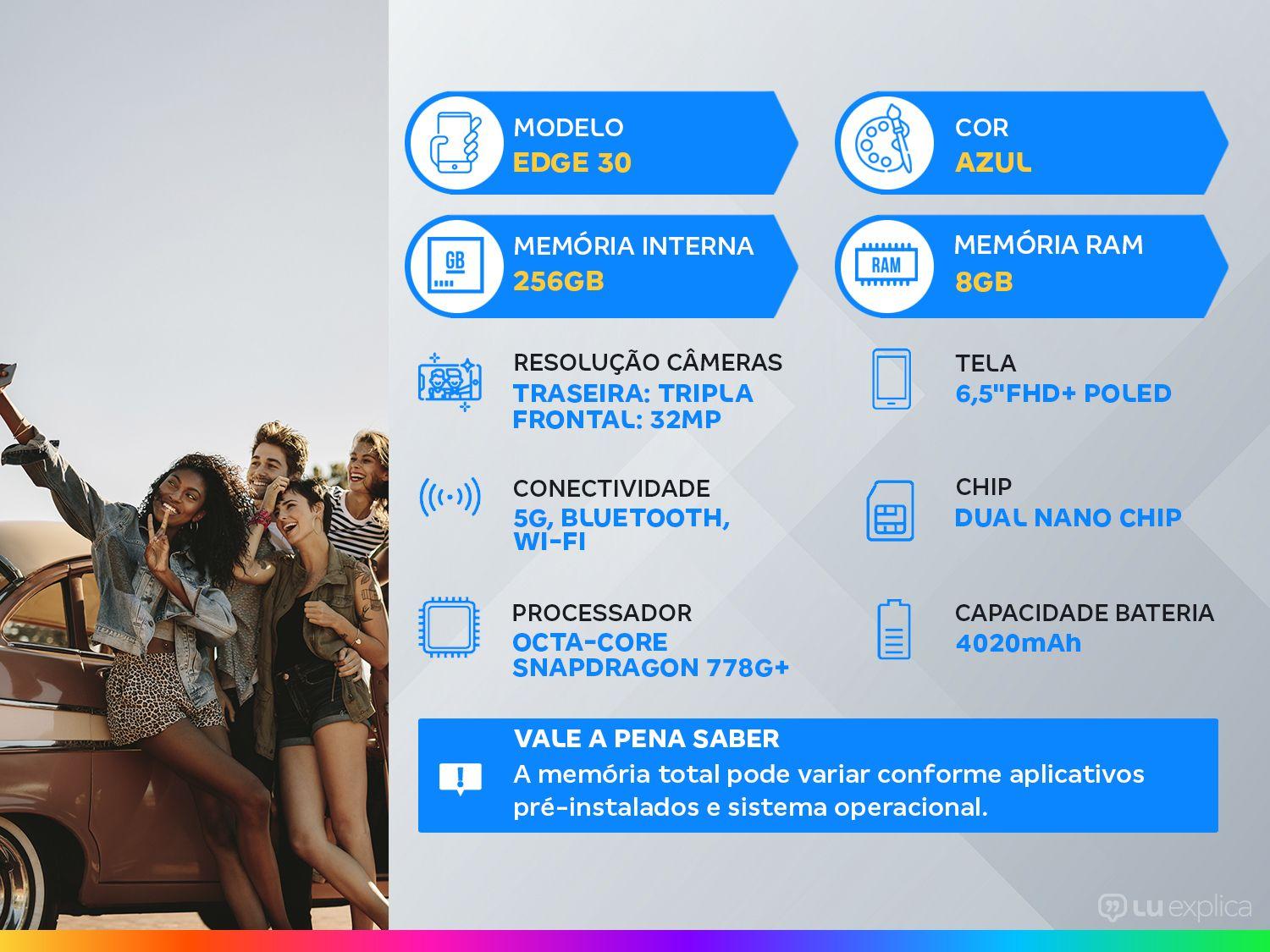 Smartphone Motorola Edge 30 256GB Azul 5G Octa-Core 8GB RAM 6,5” Câm. Tripla + Selfie 32MP