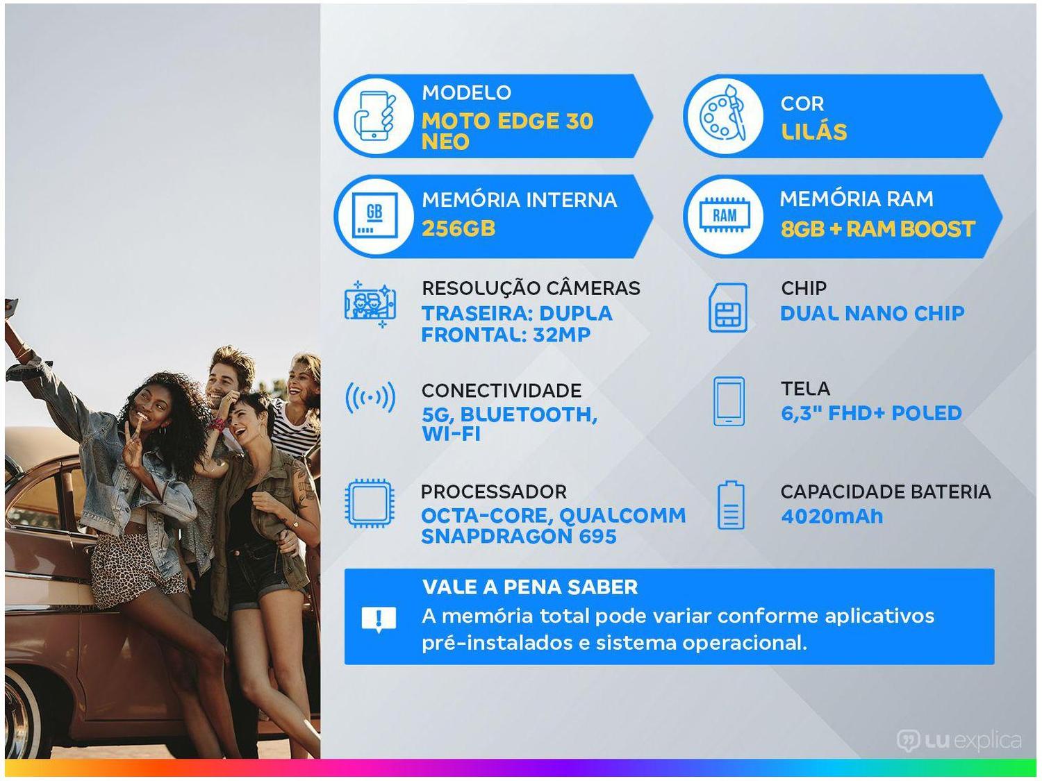 Smartphone Motorola Edge 30 Neo 256GB Lilás 5G Octa-Core 4GB RAM 6,3” Câm. Dupla + Selfie 32MP