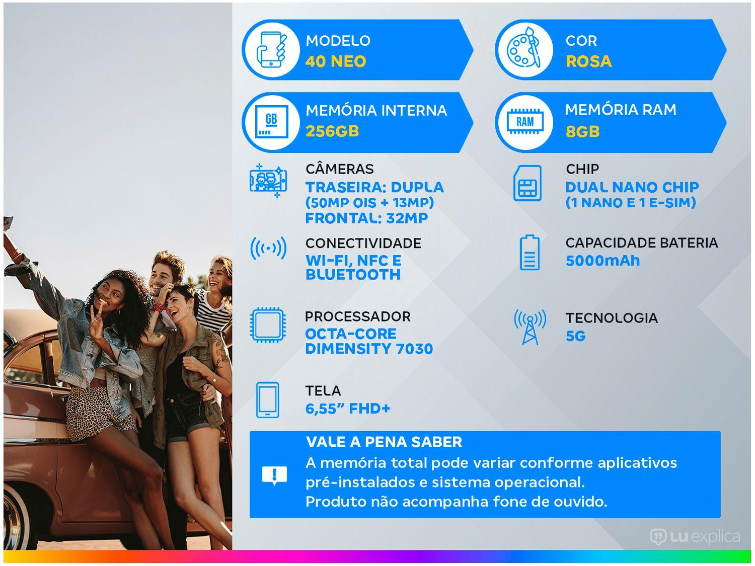 Smartphone Motorola Edge 40 Neo 256GB 5G 8GB RAM Rosa 6,55" Câm. Dupla + Selfie 32MP Dual Chip