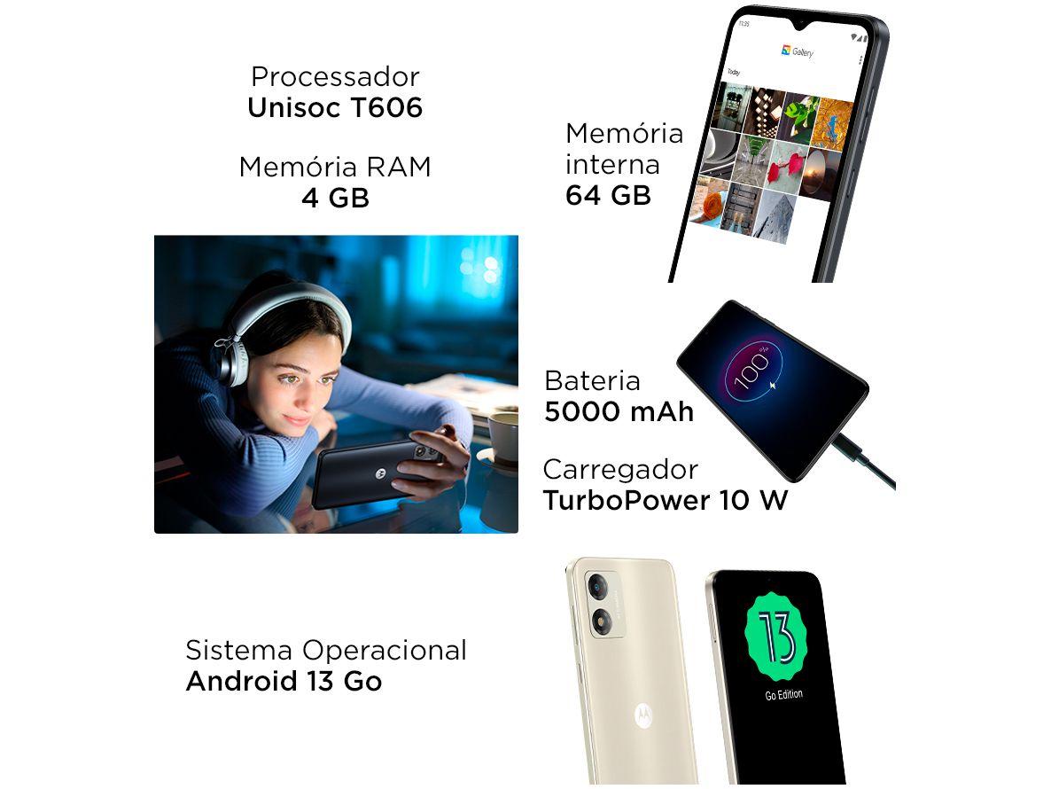 Smartphone Motorola Moto E13 64GB Off-White 4G Octa-Core 4GB RAM 6,5" Câm. 13MP + Selfie 5MP Dual Chip
