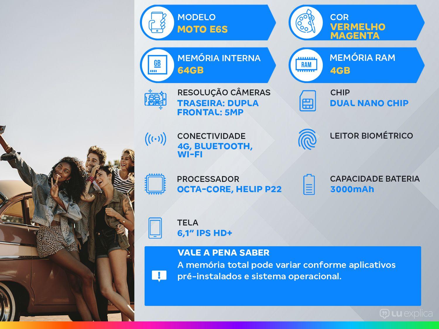 Smartphone Motorola Moto E6S 64GB Vermelho Magenta - 4G Octa-Core 4GB RAM 6,1” Câm. Dupla + Selfie 5MP