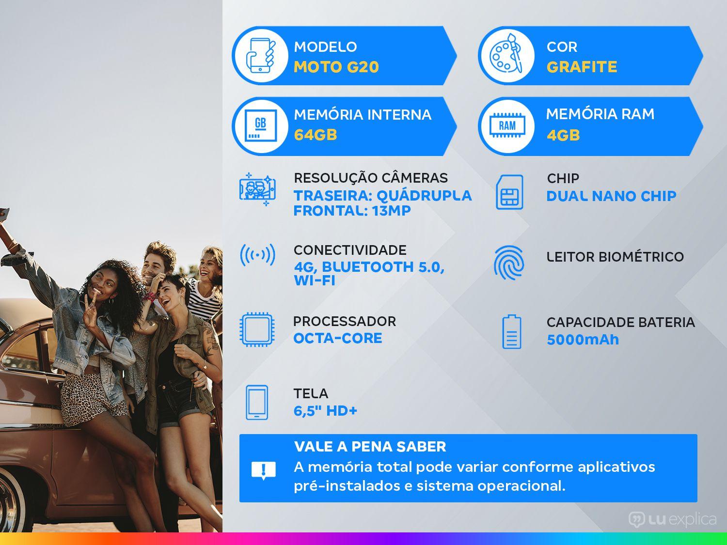 Smartphone Motorola Moto G20 64GB Grafite 4G 4GB RAM Tela 6,5” Câm. Quadrupla + Câm Selfie 13MP