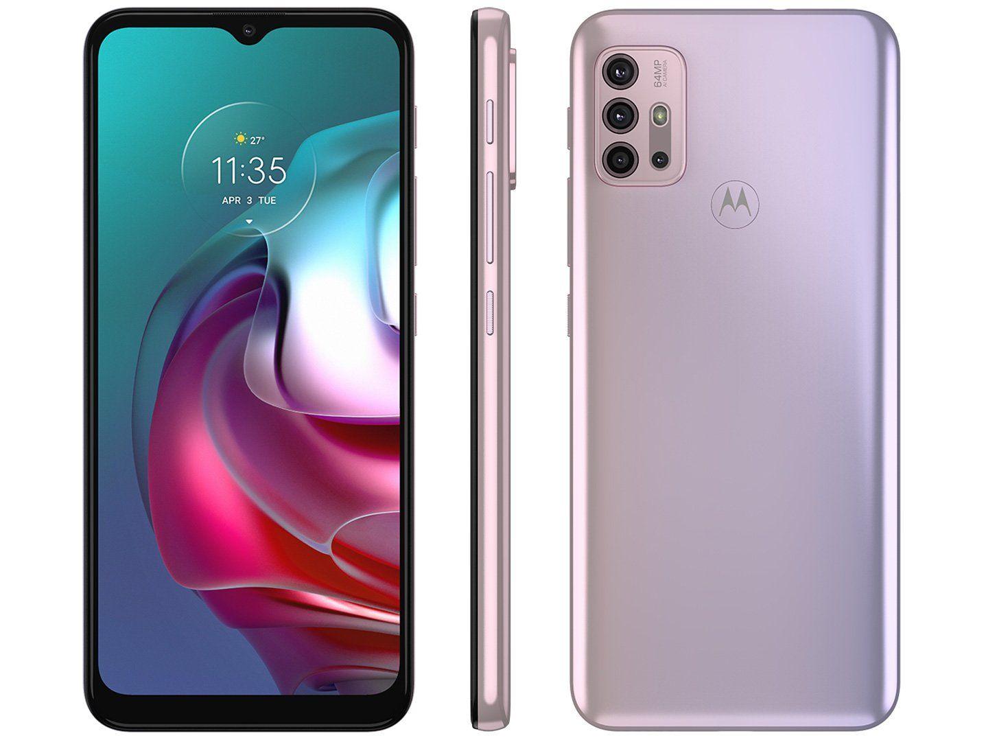 Smartphone Motorola Moto G30 128GB White Lilac 4G - 4GB RAM Tela 6,5” Câm. Quádrupla + Selfie 13MP - 4GB RAM Tela 6,5” Câm. Quádrupla + Selfie 13MP