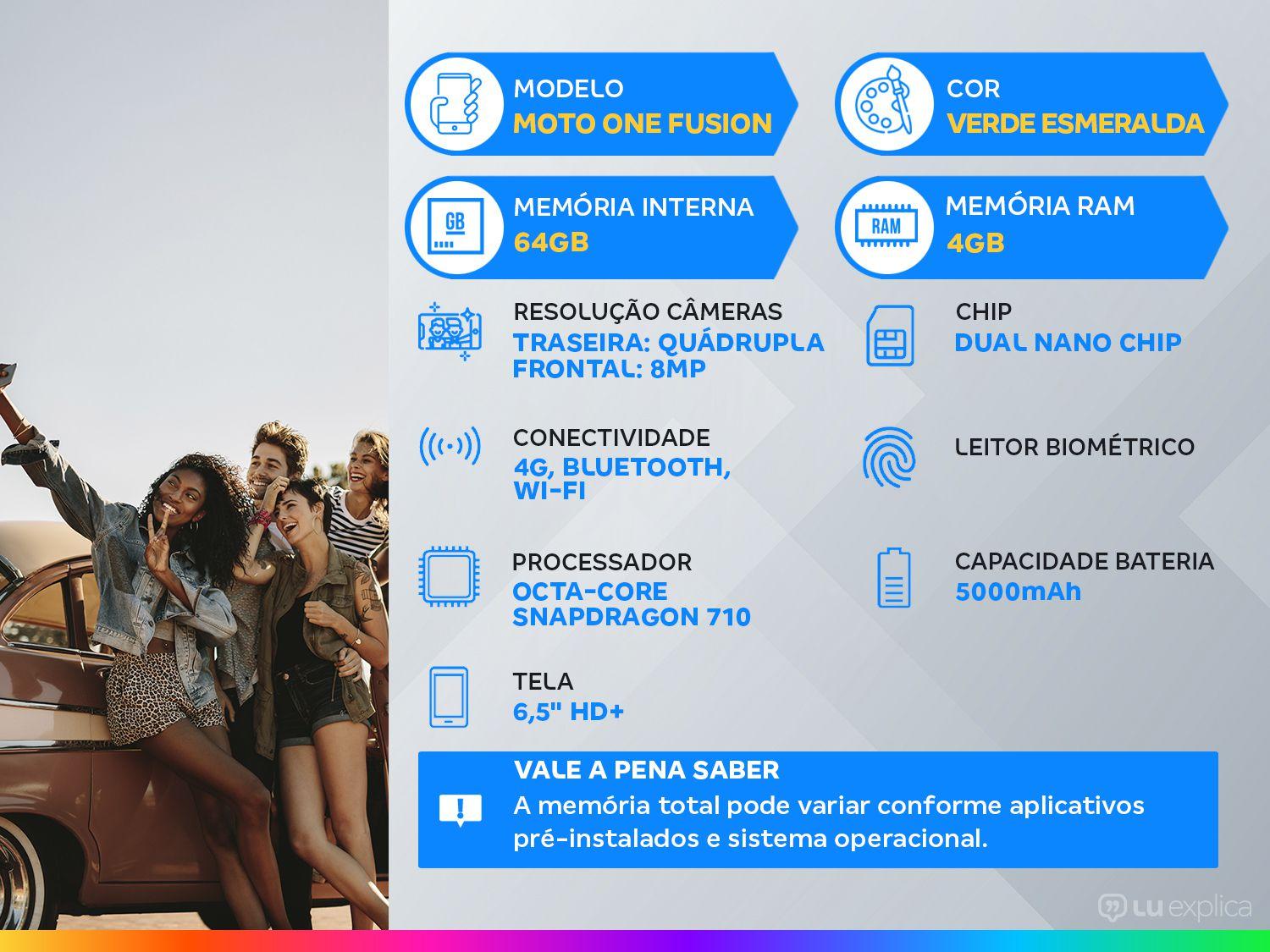 Smartphone Motorola One Fusion 64GB Verde - Esmeralda 4G 4GB RAM Tela 6,5” Câm. Quádrupla