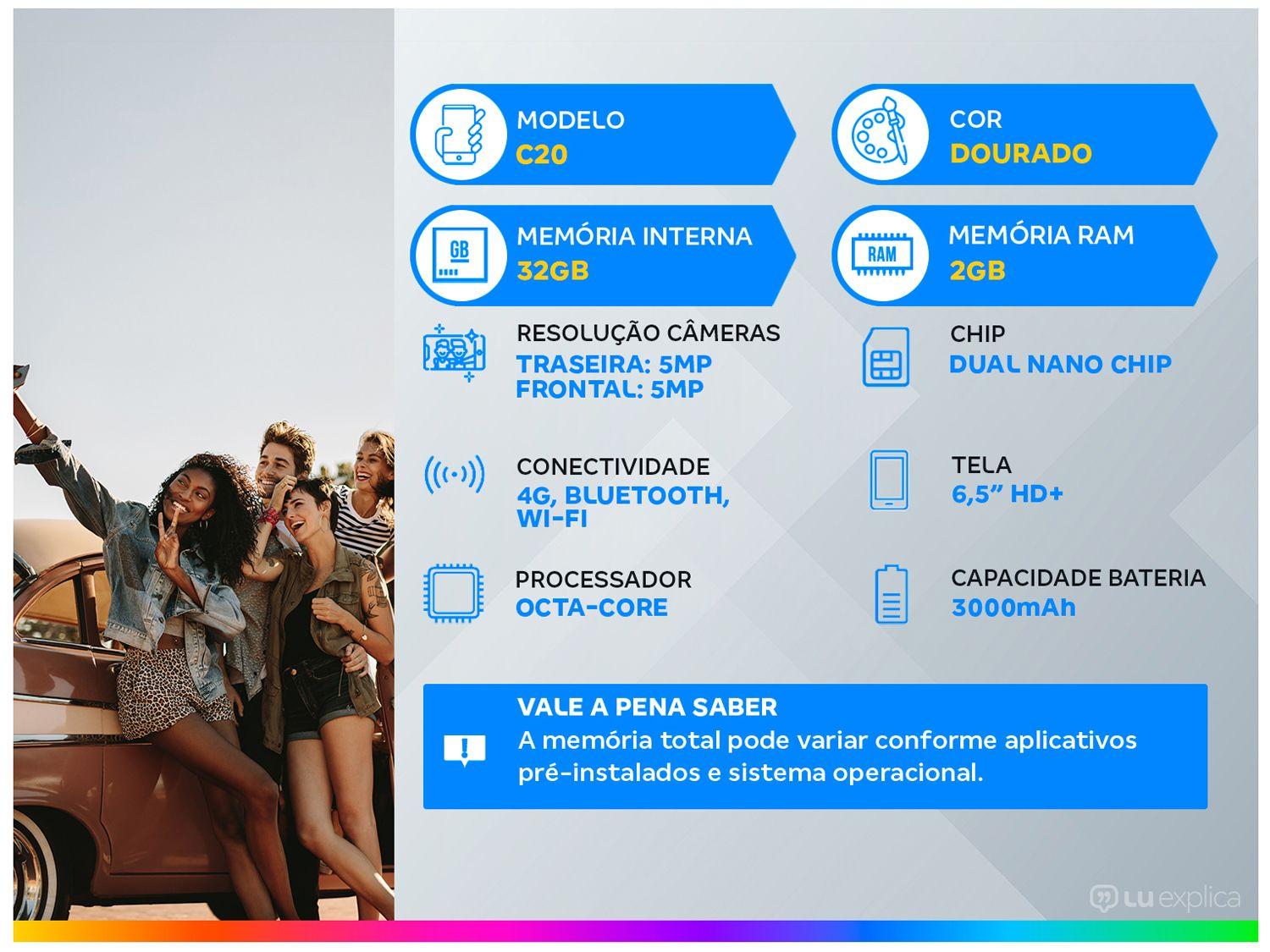 Smartphone Nokia C20 32GB Dourado 4G Octa-Core 2GB RAM Tela 6,5” Câm. 5MP + Câm. Selfie 5MP