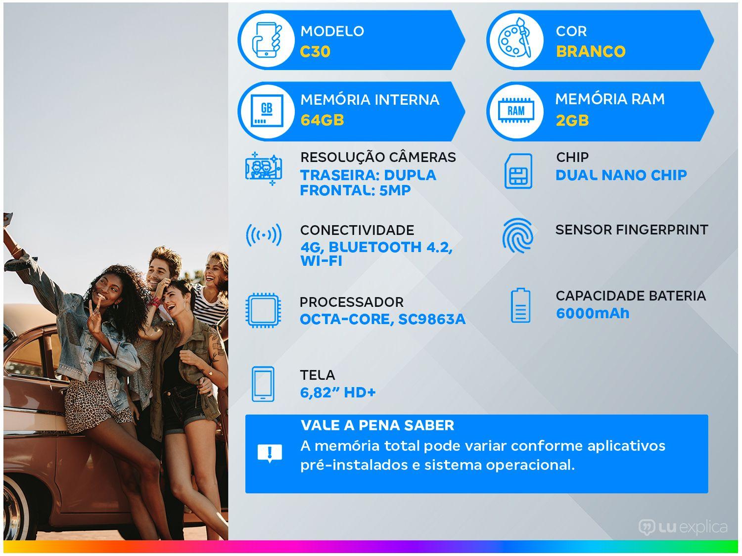 Smartphone Nokia C30 64GB Branco 4G Octa-Core 2GB RAM 6,82” Câm. Dupla + Selfie 5MP Dual Chip