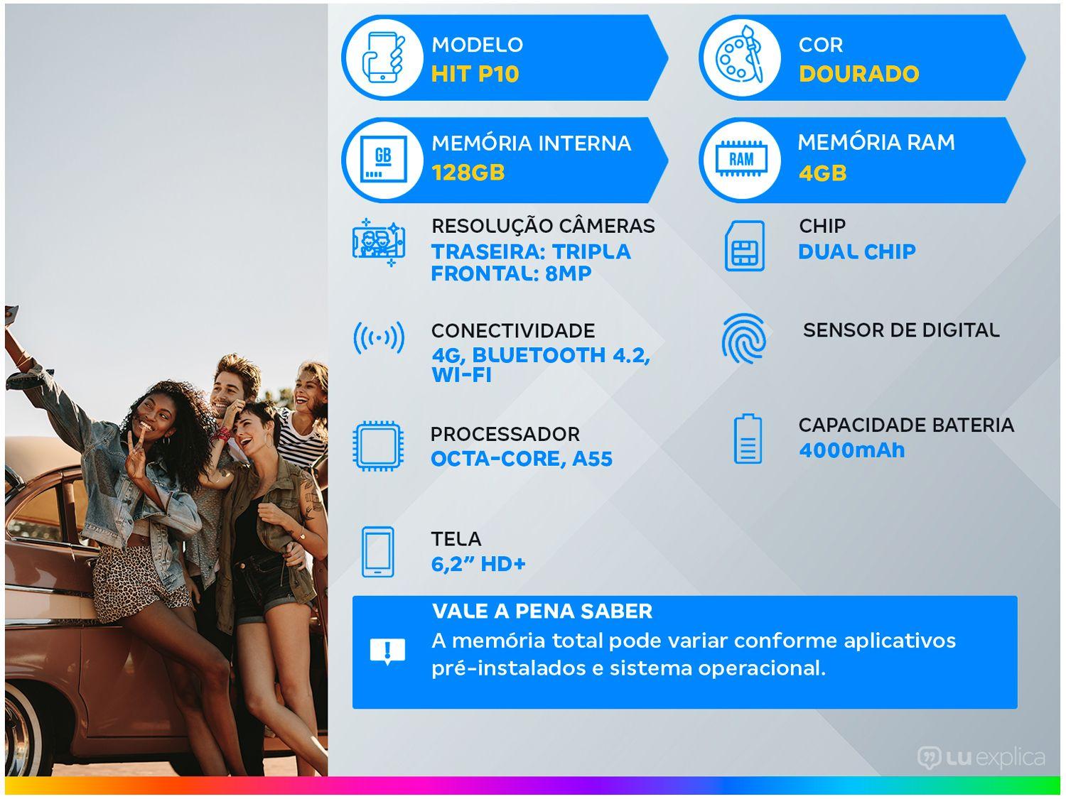 Smartphone Philco HIT P10 128GB Dourado 4G - Octa-Core 4GB 6,2” Câm. Tripla + Selfie 8MP