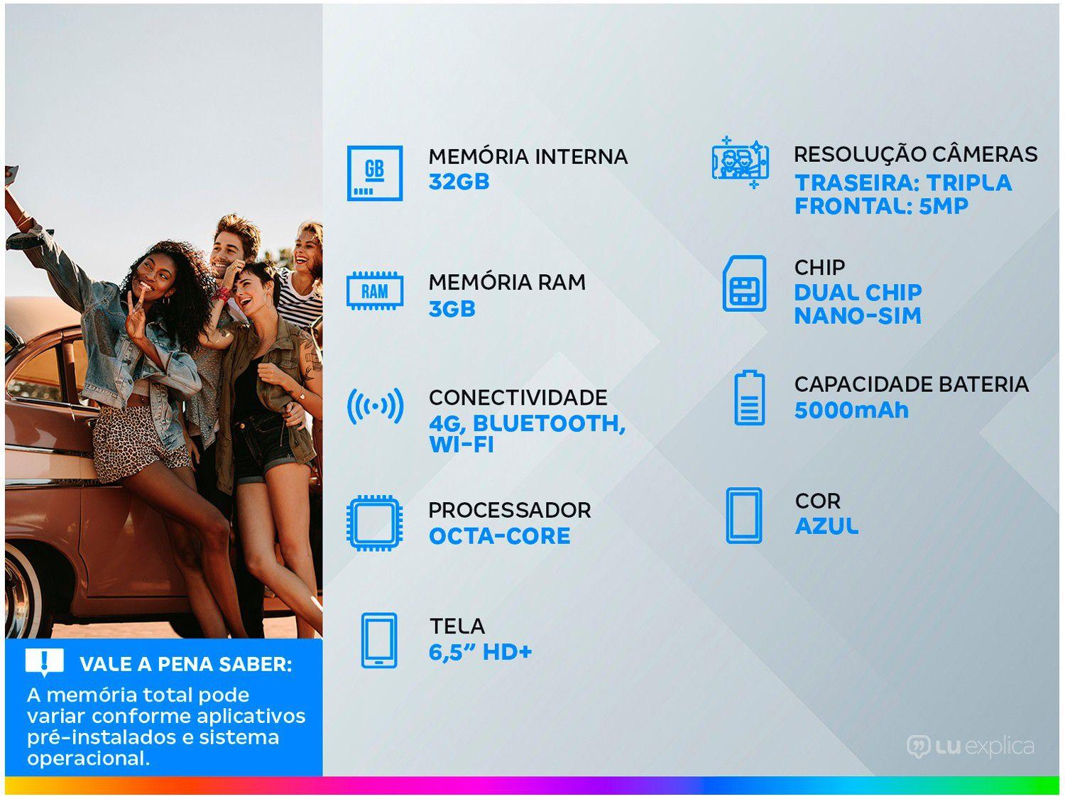 Smartphone Samsung Galaxy A02s 32GB Azul 3GB RAM 6,5" Câm. Tripla + Selfie 5MP Dual Chip