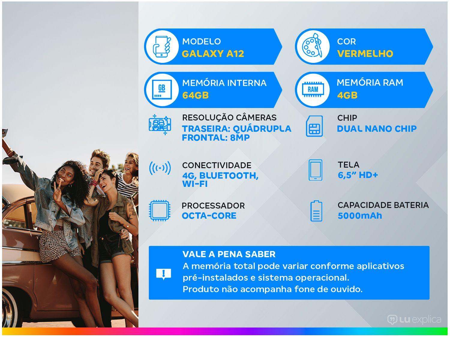 Smartphone Samsung Galaxy A12 64GB Vermelho 4G