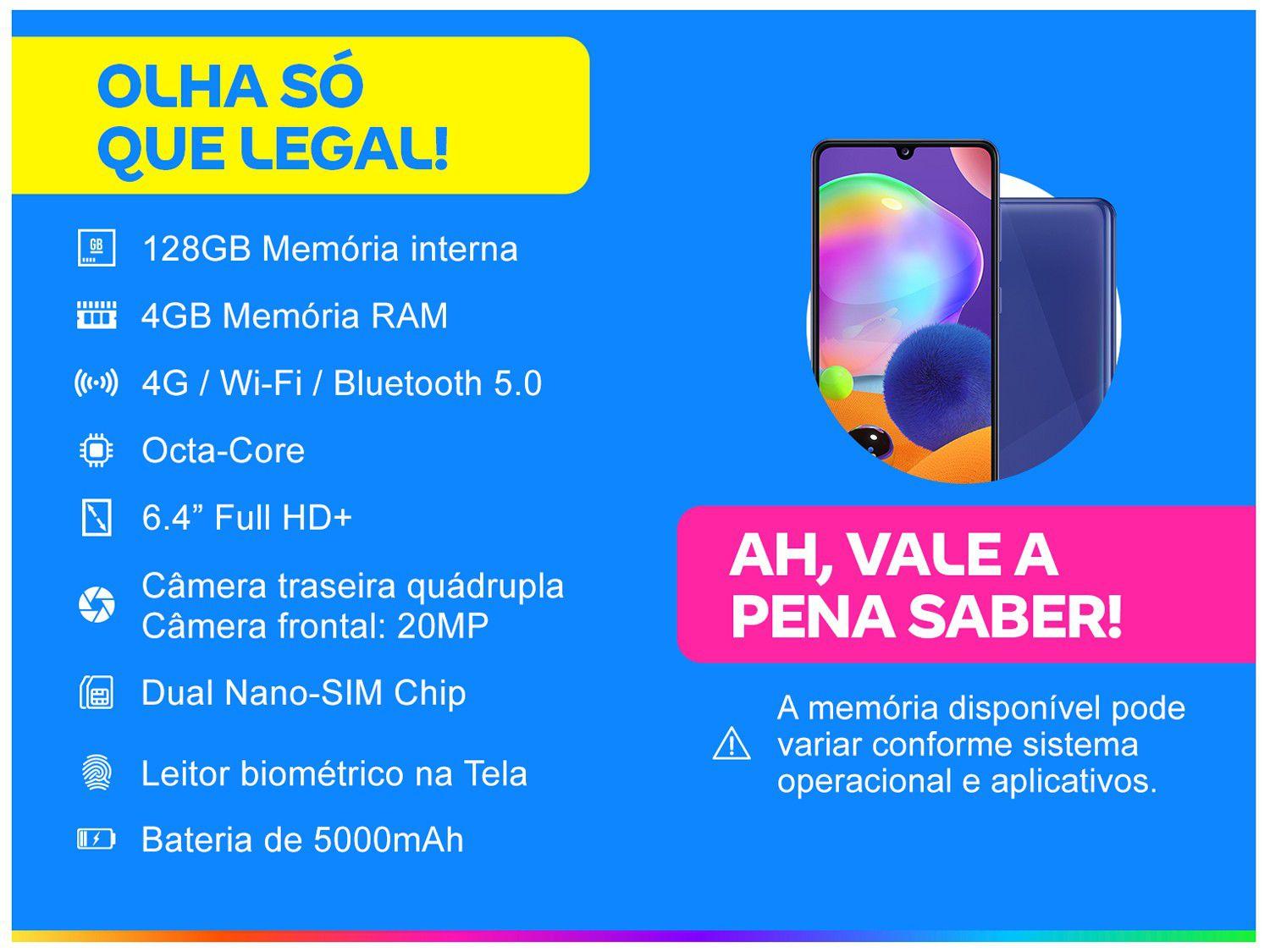 Smartphone Samsung Galaxy A31 128GB Azul 4GB RAM 6,4" Câm. Quádrupla + Selfie 20MP Dual Chip