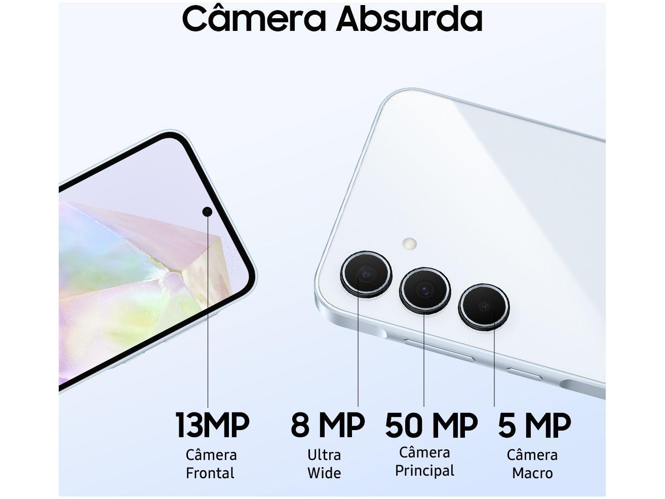 Samsung Galaxy A35 128GB Azul Claro 5G 6GB RAM com desempenho rápido, tela Super AMOLED vibrante e câmera incrível para fotos nítidas. Ideal para quem busca velocidade, estilo e excelente custo-benefício.