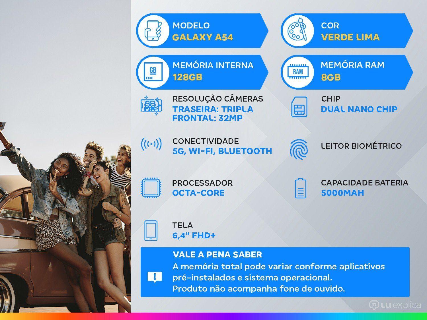 Smartphone Samsung Galaxy A54 128GB Verde Lima 5G Octa-Core 8GB RAM 6,4" Câm. Tripla + Selfie 32MP Dual Chip