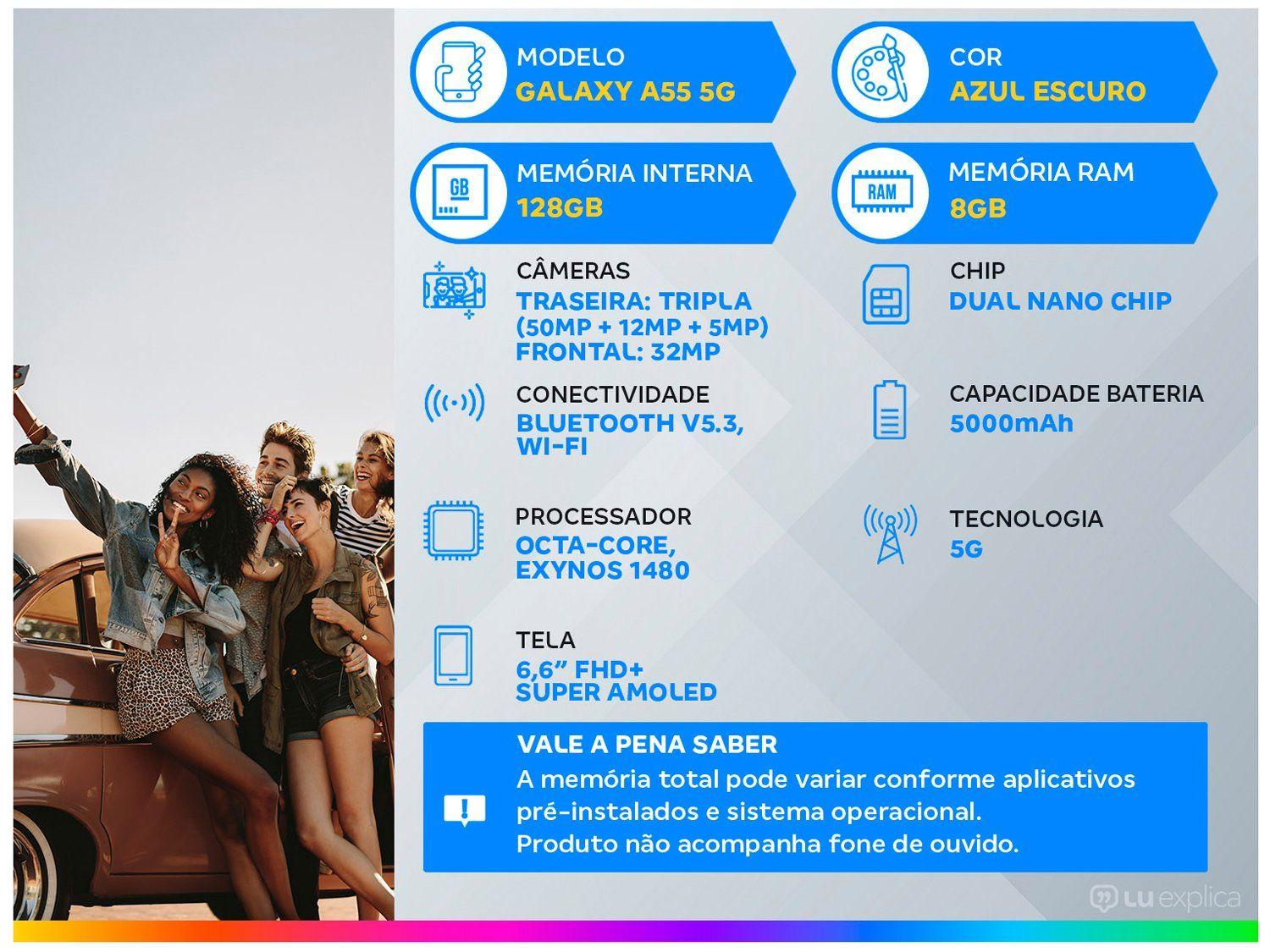 Smartphone Samsung Galaxy A55 128GB Azul Escuro 5G 8GB RAM 6,6" Câm. Tripla + Selfie 32MP Dual Chip