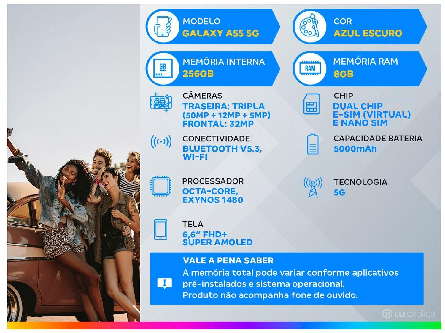 Smartphone Samsung Galaxy A55 256GB Azul Escuro 5G 8GB RAM 6,6" Câm. Tripla + Selfie 32MP Dual Chip