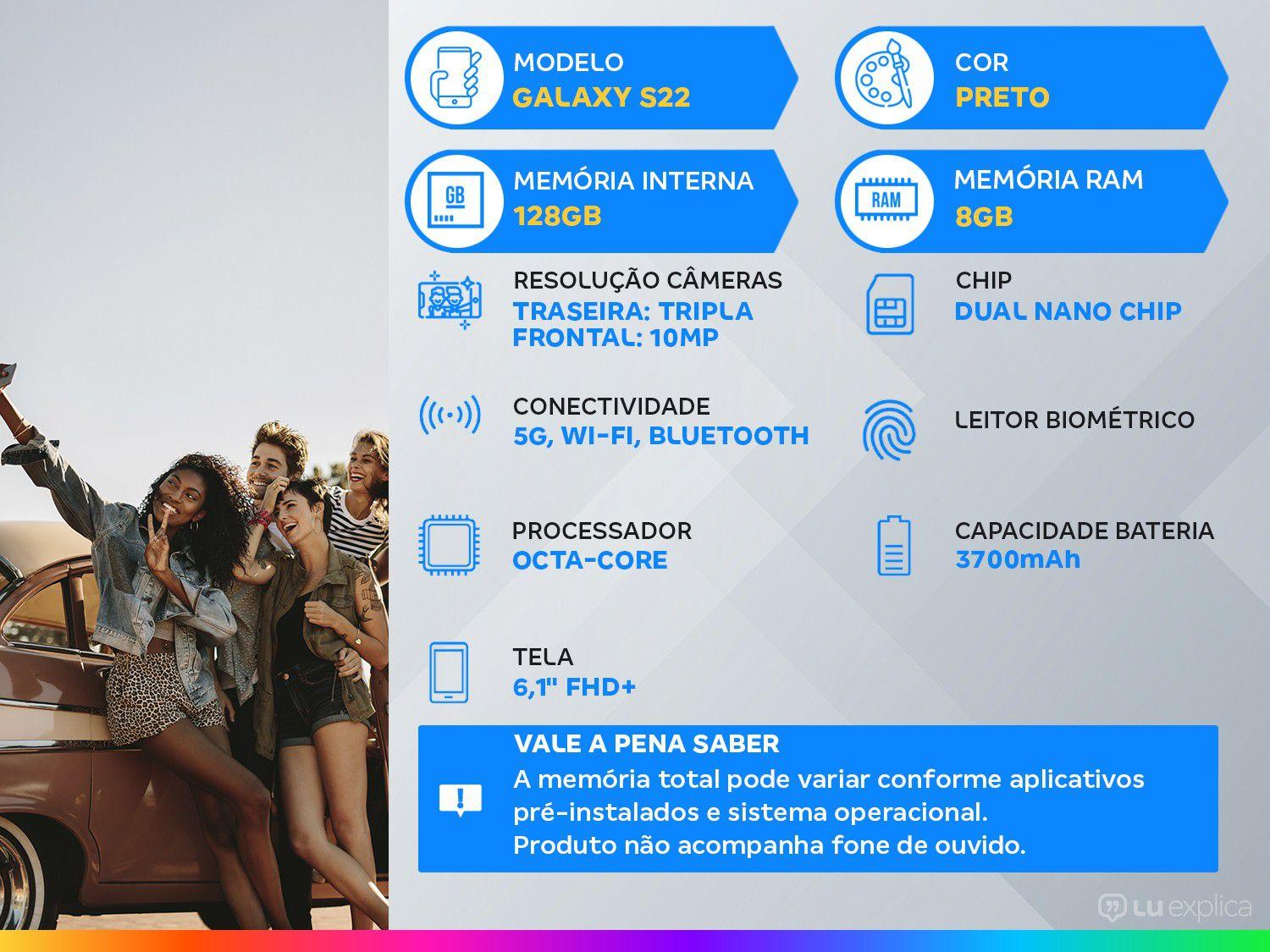 Smartphone Samsung Galaxy S22 128GB Preto 5G Octa-Core 8GB RAM 6,1" Câm. Tripla + Selfie 10MP Dual Chip