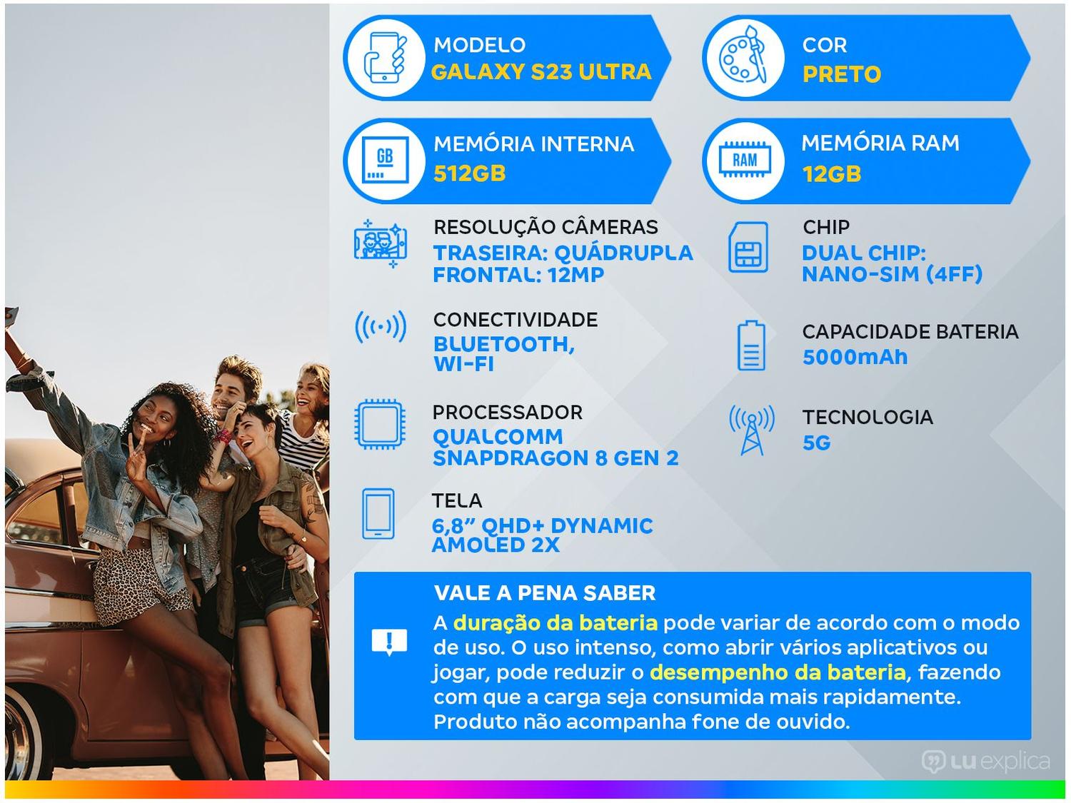 Smartphone Samsung Galaxy S23 Ultra 512GB Preto 5G 12GB RAM 6,8” Câm. Quádrupla + Selfie 12MP
