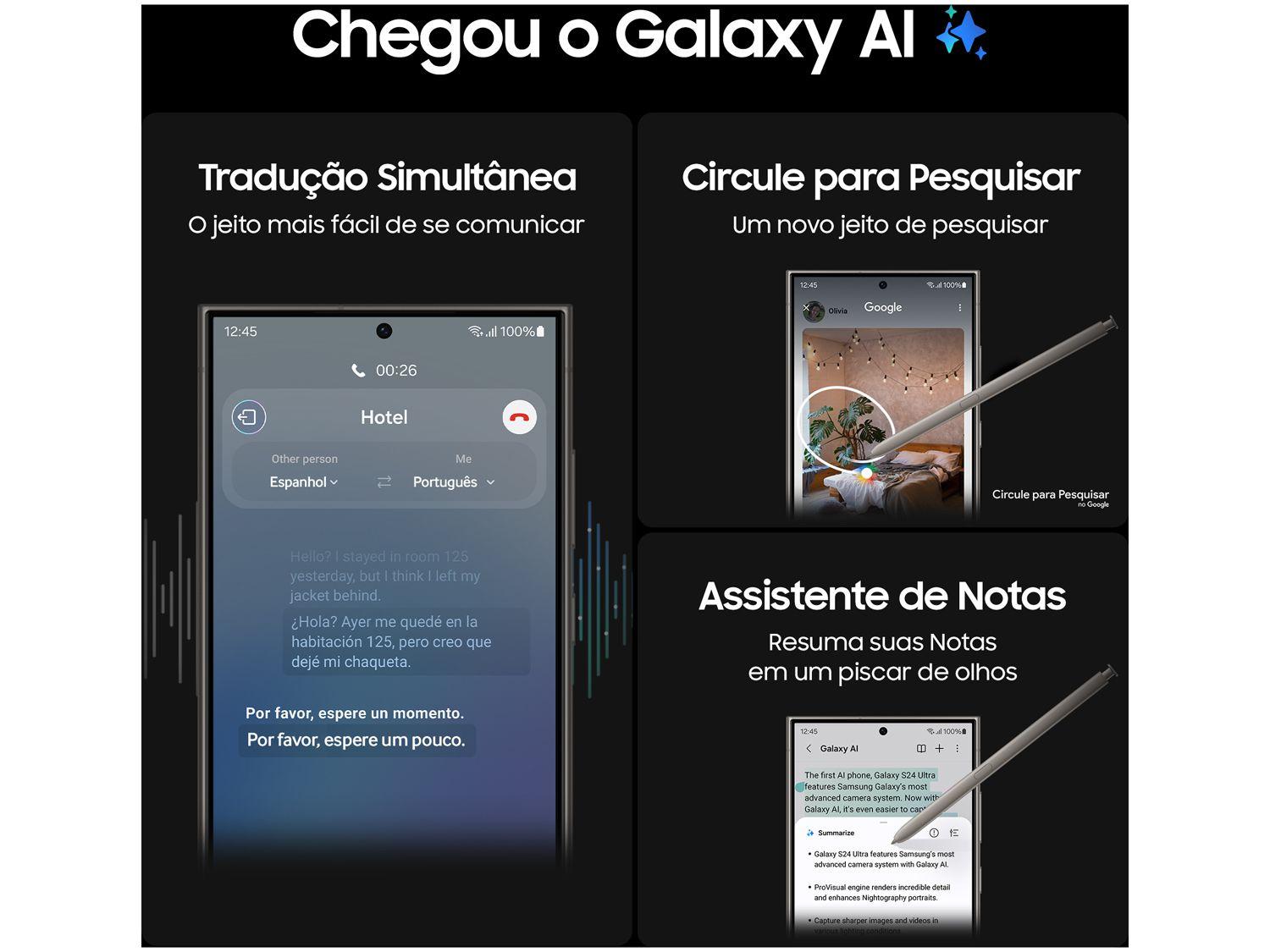Smartphone Samsung Galaxy S24 Ultra 6,8" Galaxy AI 512GB Titânio Preto 5G 12GB RAM Câm. Quádrupla 200MP + Selfie 12MP Bateria 5000mAh Dual Chip