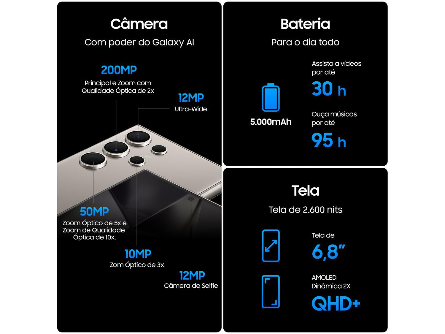 Smartphone Samsung Galaxy S24 Ultra 6,8" Galaxy AI 512GB Titânio Preto 5G 12GB RAM Câm. Quádrupla 200MP + Selfie 12MP Bateria 5000mAh Dual Chip