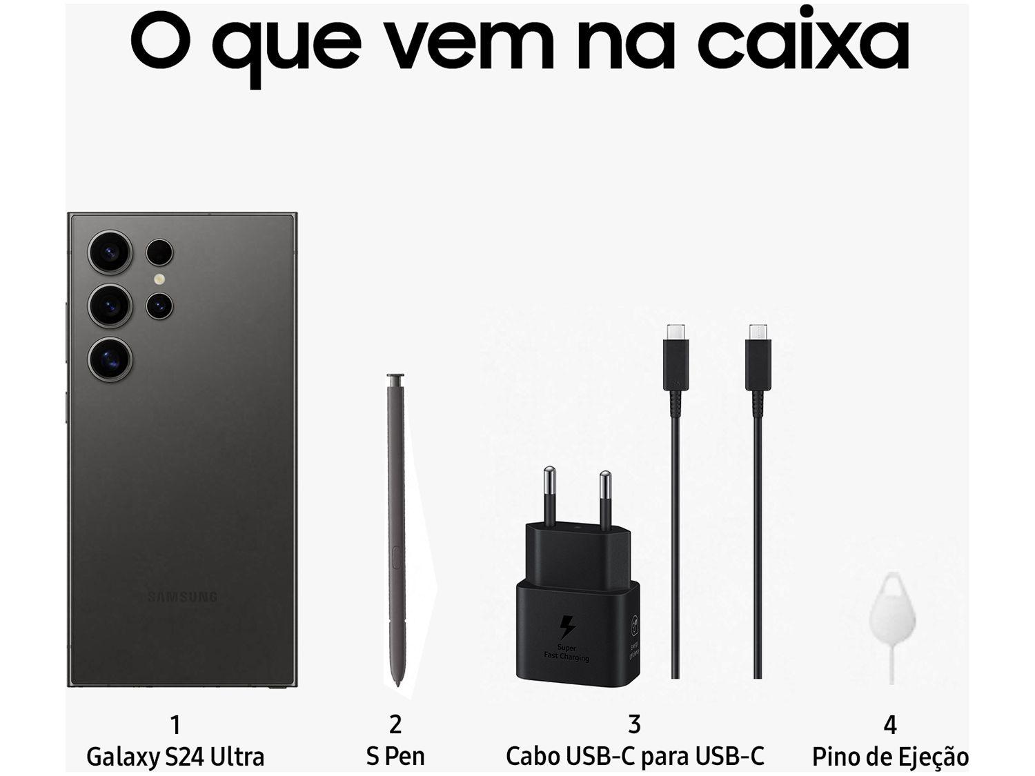 Smartphone Samsung Galaxy S24 Ultra 6,8" Galaxy AI 512GB Titânio Preto 5G 12GB RAM Câm. Quádrupla 200MP + Selfie 12MP Bateria 5000mAh Dual Chip