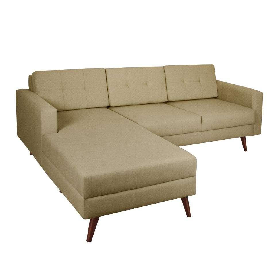 Sofá 3 Lugares Esquerdo Living com Chaise Pé Palito Linho Cotton Bege Mobly SofáCama
