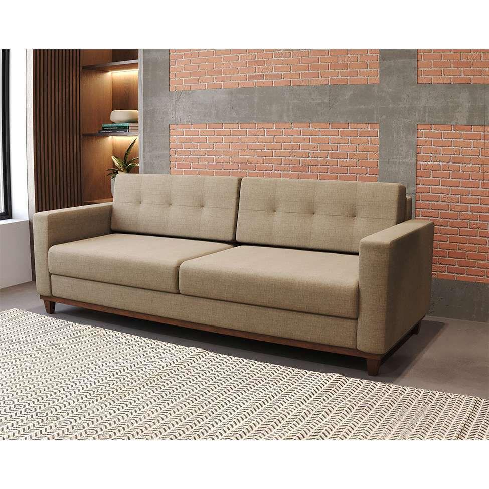 Sofá 3 Lugares Living Pés e Base em Madeira Linho Cotton Bege 180 cm