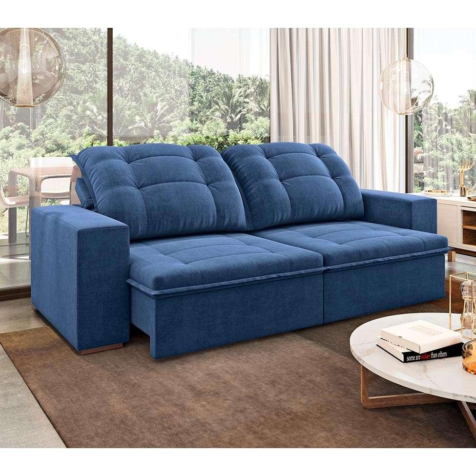 Sofá 3 Lugares Retrátil e Reclinável Ariel Veludo Azul Marinho Móveis