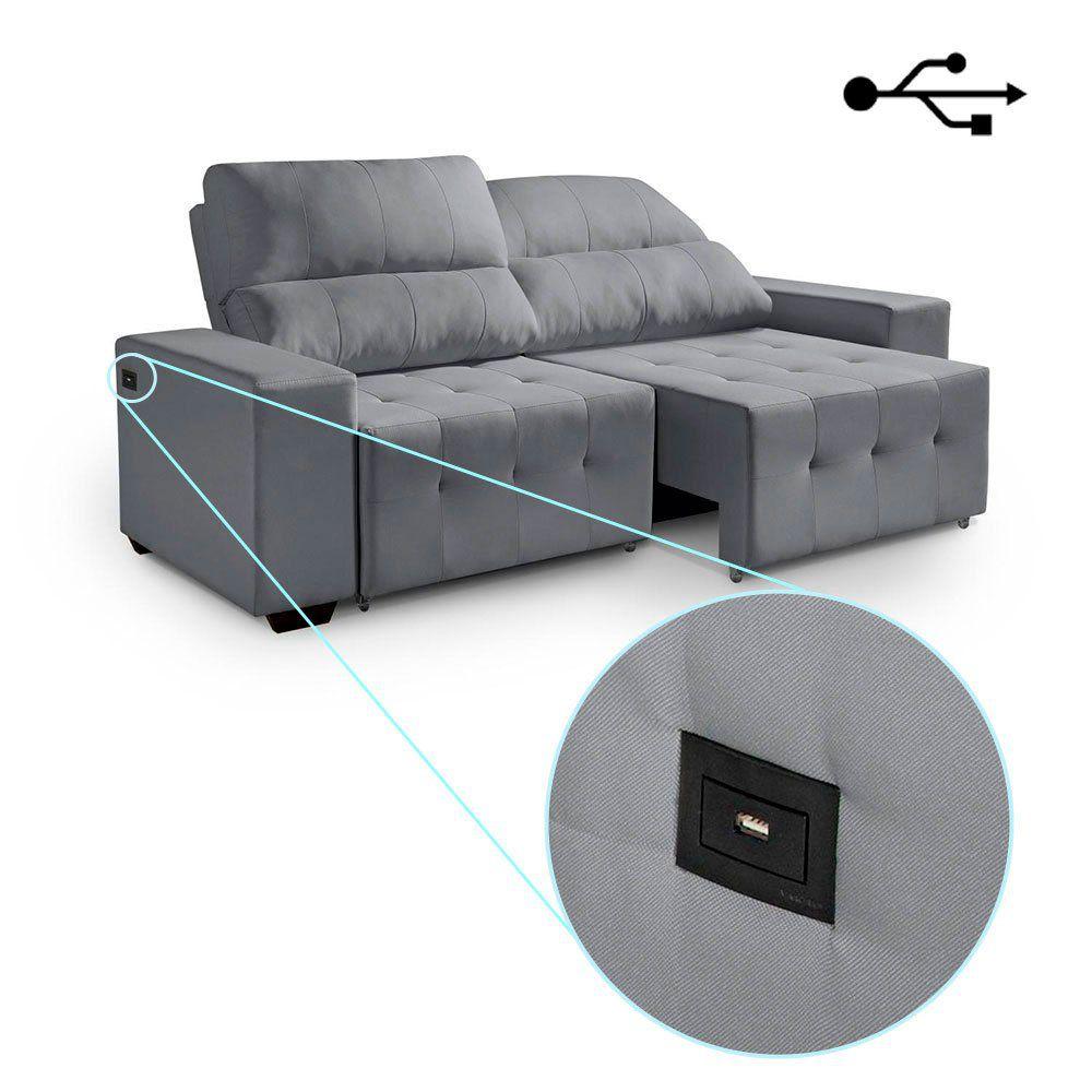 Sofá 3 Lugares Retrátil e Reclinável com USB Tecido Suede Connect