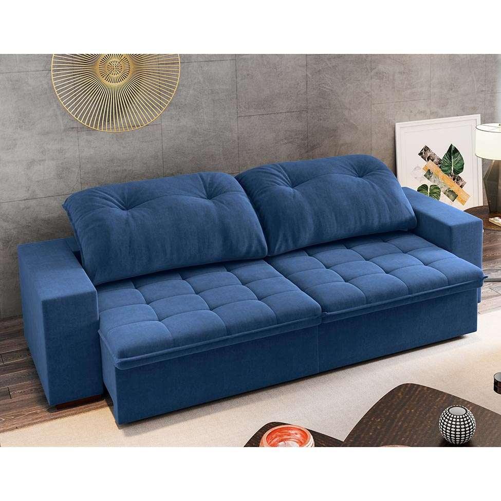 Sofá 3 Lugares Retrátil e Reclinável Niterói Veludo Azul Marinho 210 cm