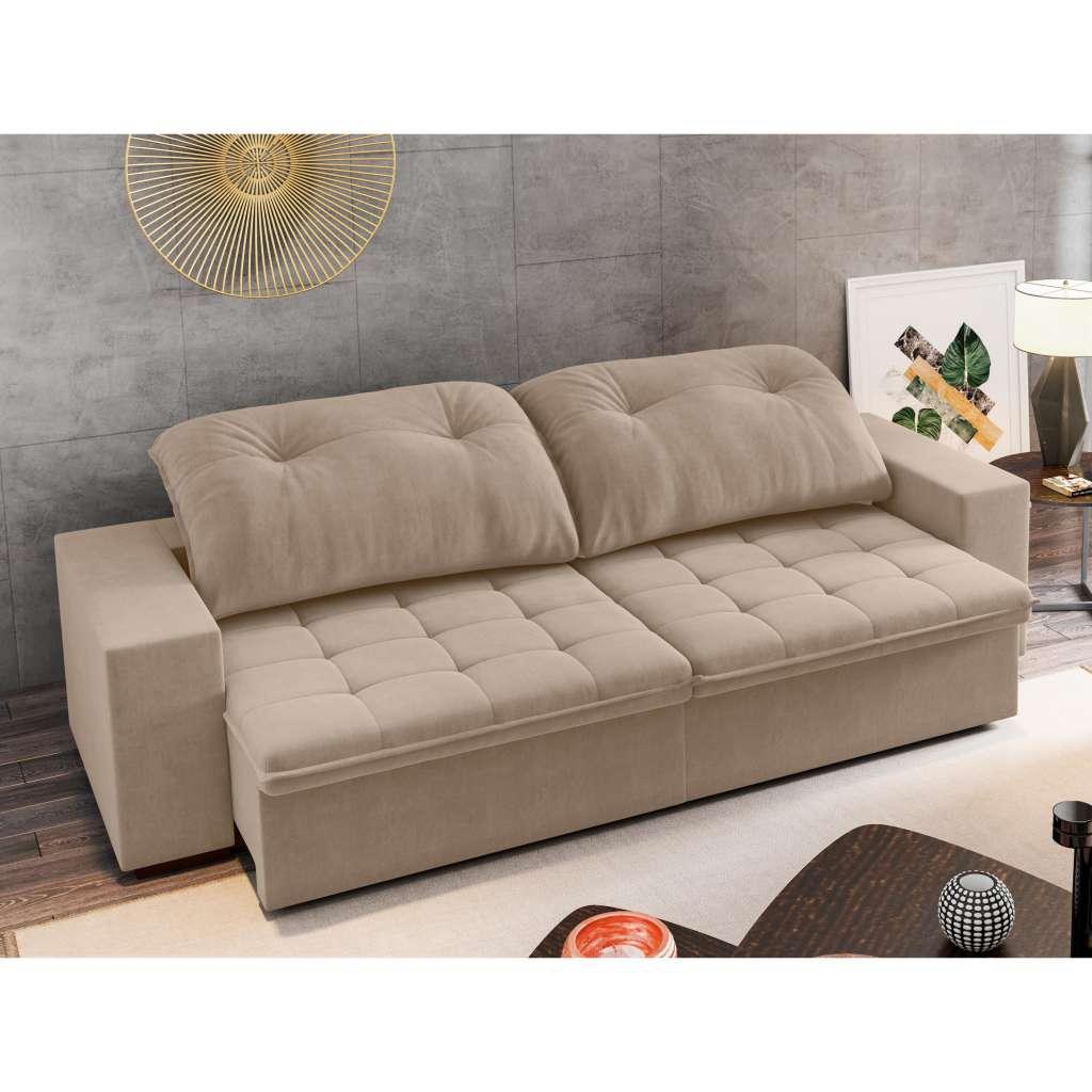 Sofá 3 Lugares Retrátil e Reclinável Niterói Veludo Bege 210 cm
