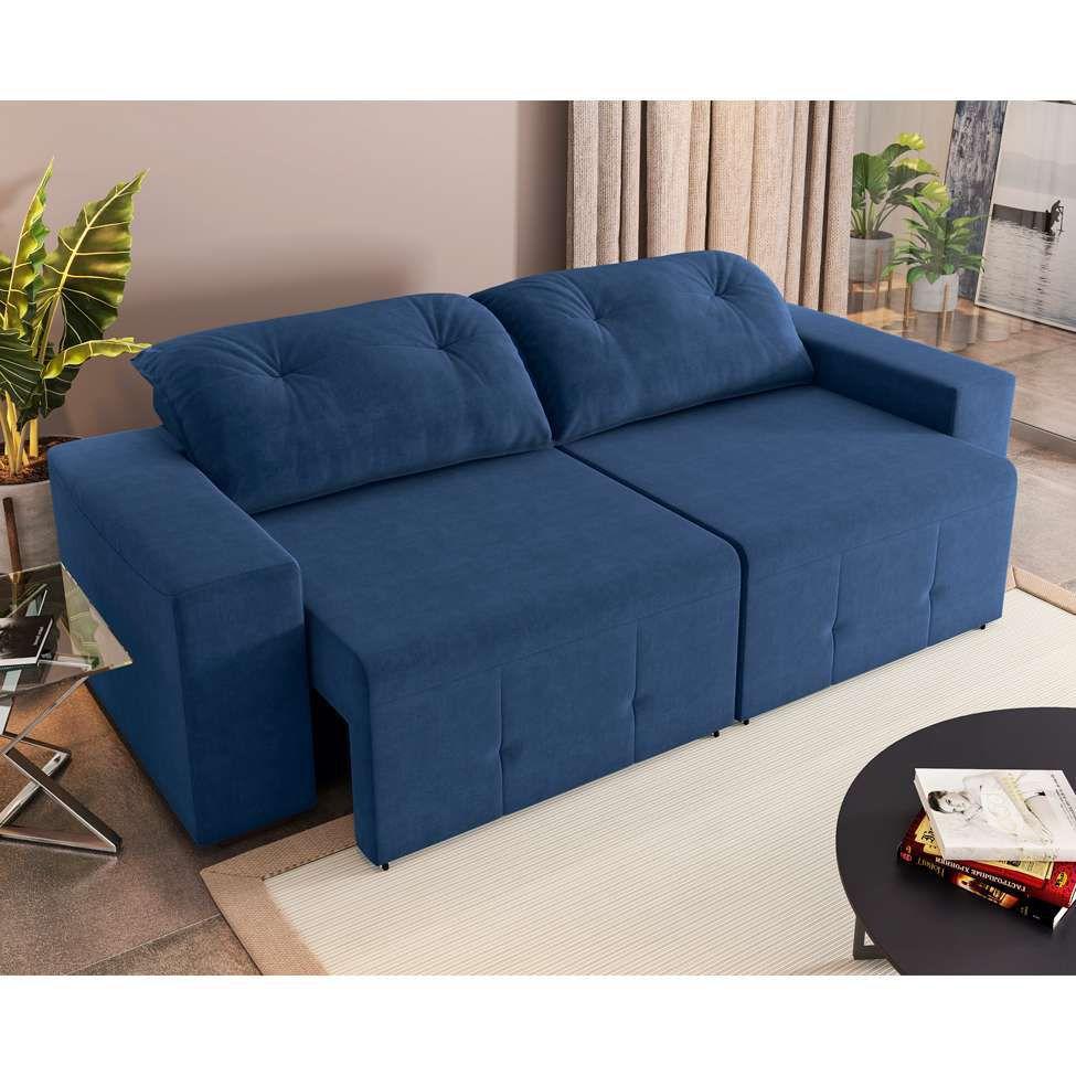 Sofá 3 Lugares Retrátil e Reclinável Salerno Veludo Azul Marinho 230 cm