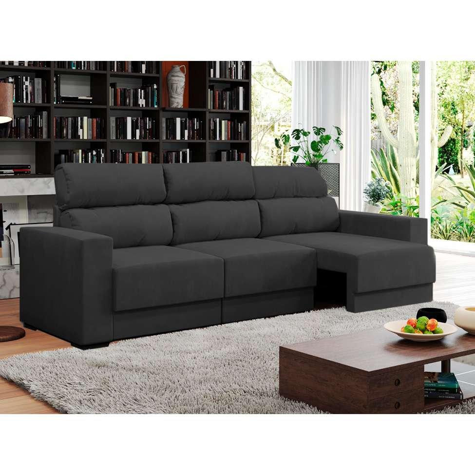 Sofá 3 Lugares Retrátil e Reclinável Videira Suede Grafite 210 cm Mobly Sofás Magazine Luiza