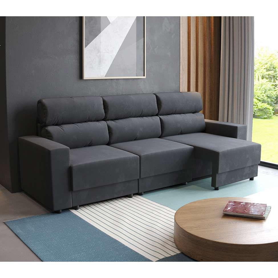 Sofá 3 Lugares Retrátil e Reclinável Videira Suede Grafite 210 cm Mobly Sofá 3 Lugares
