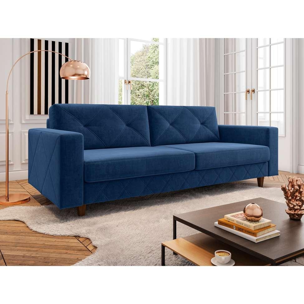 Sofá 3 Lugares Zenit Veludo Azul Marinho 230 cm Móveis Estrela