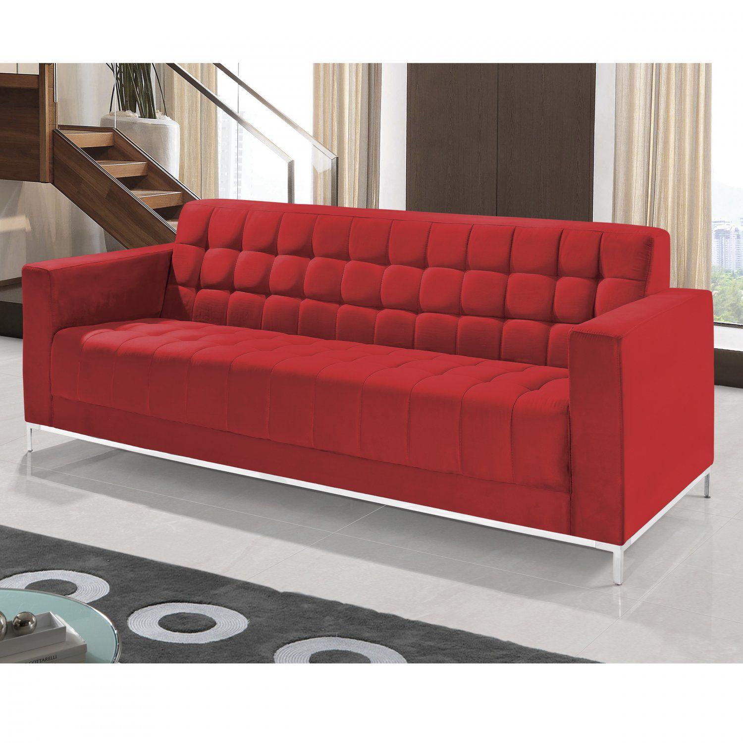 Sofá 4 Lugares em Veludo Liso Classic 220cm Império Estofados Vermelho